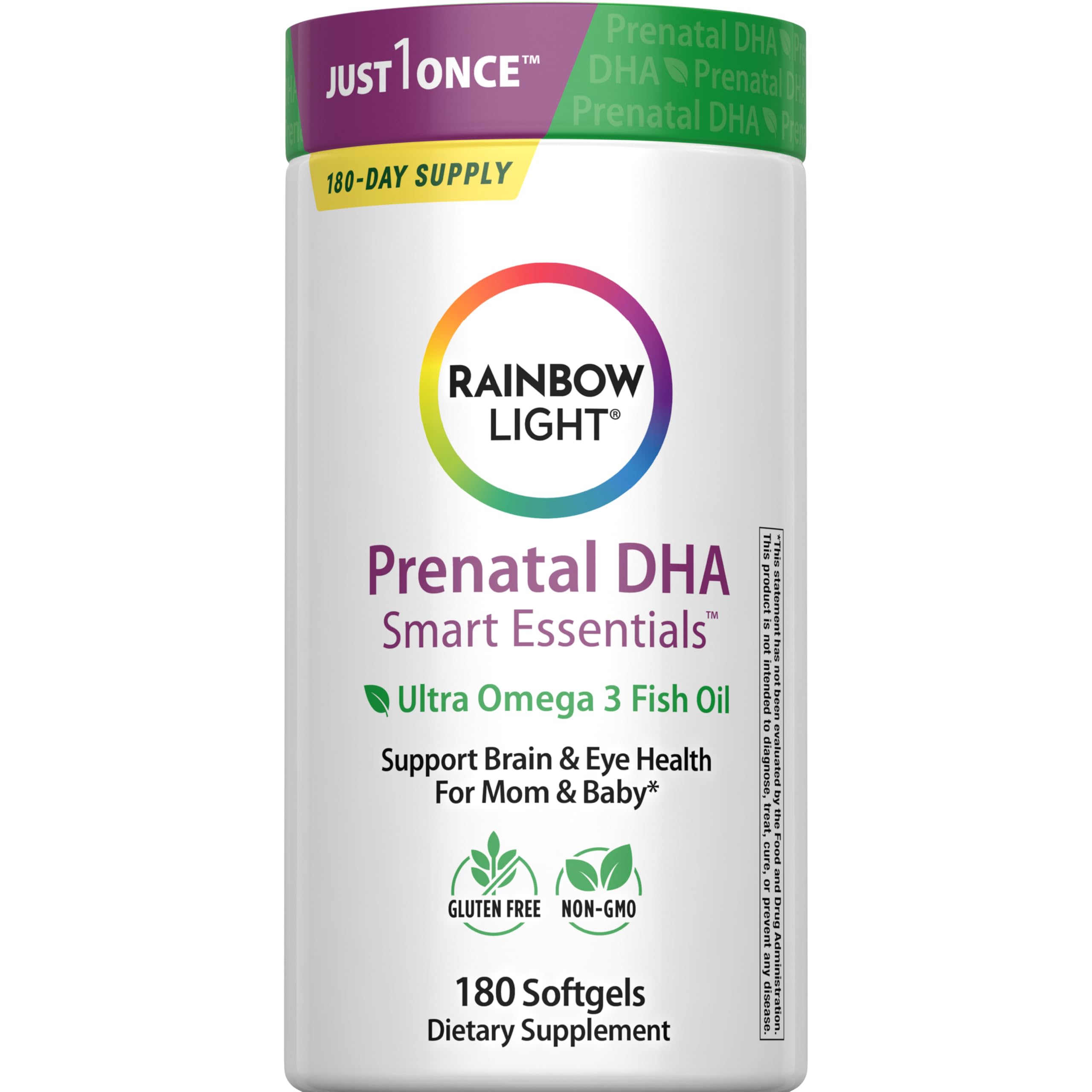 Rainbow Light frasco frontal mostrando 180 cápsulas y beneficio de aporte omega-3