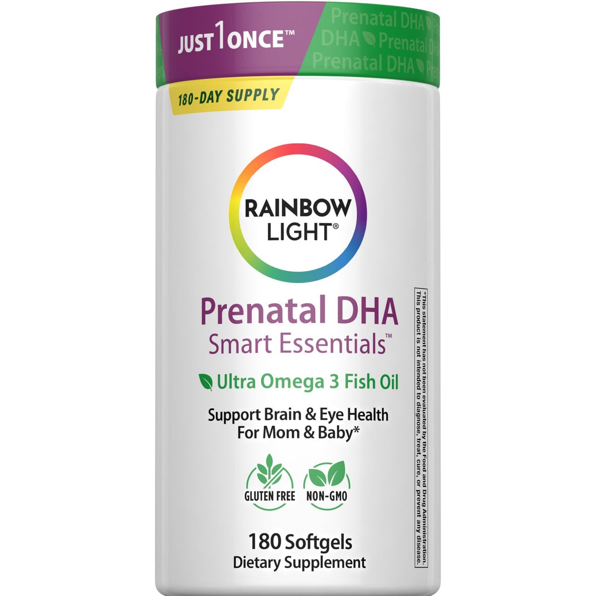 Rainbow Light frasco frontal mostrando 180 cápsulas y beneficio de aporte omega-3