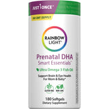 Rainbow Light frasco frontal mostrando 180 cápsulas y beneficio de aporte omega-3
