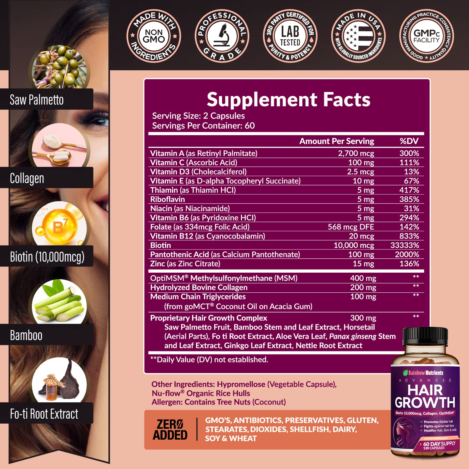 Rainbow Nutrients botella abierta con cápsulas para visual de cantidad y confianza