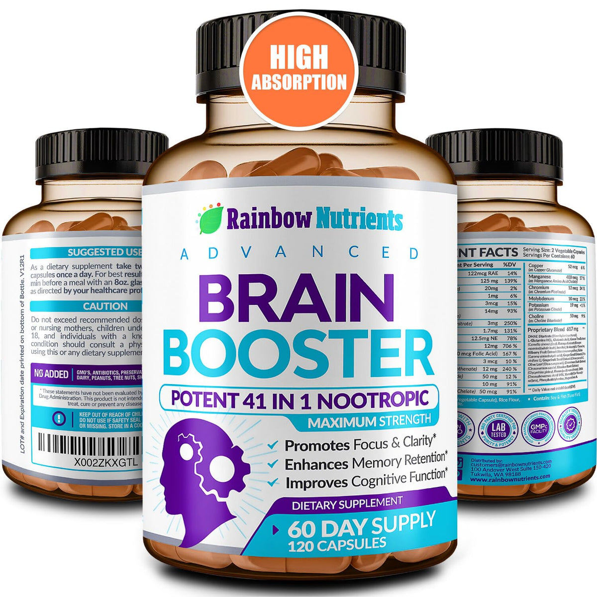 Rainbow Nutrients frasco delantero mostrando 120 cápsulas y información clave