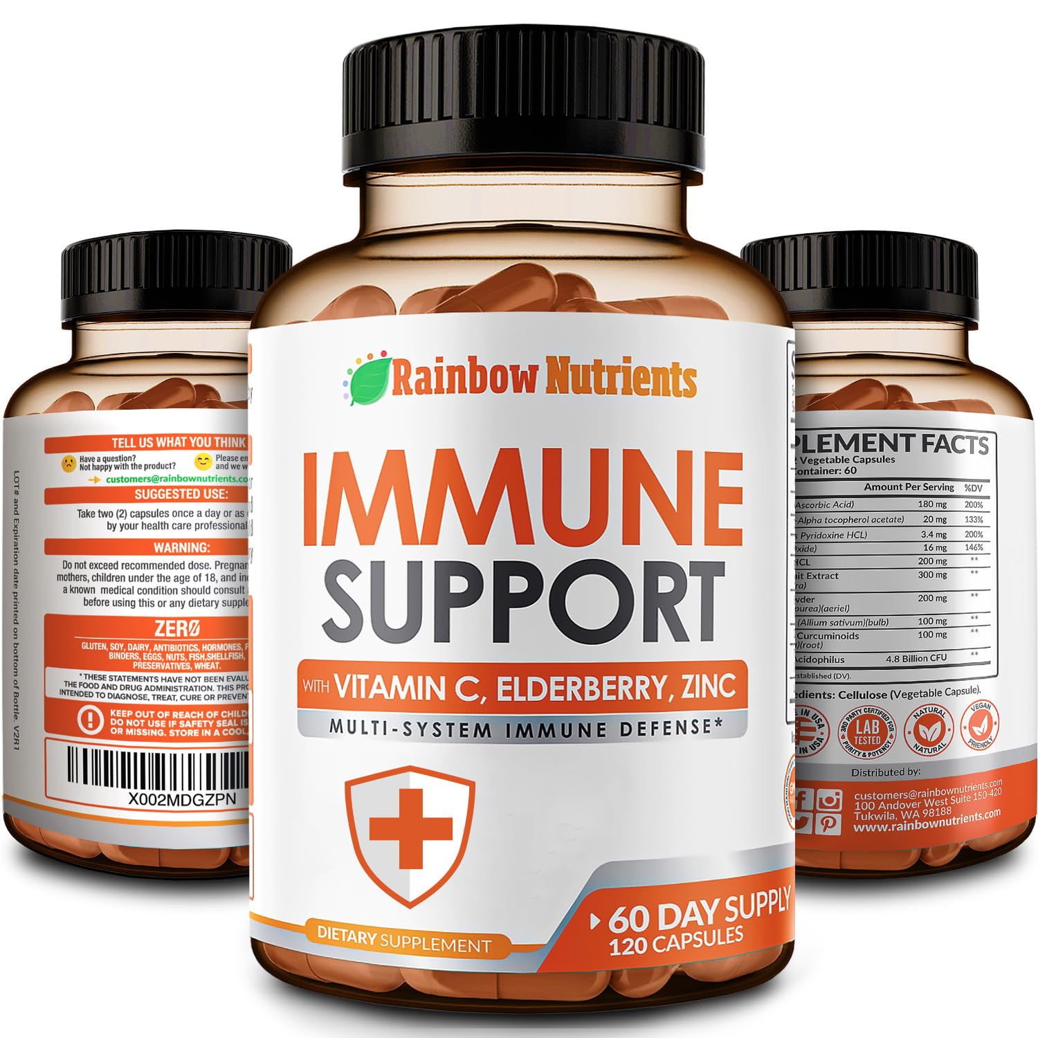 Rainbow Nutrients frasco frontal mostrando etiqueta y beneficio de soporte inmune