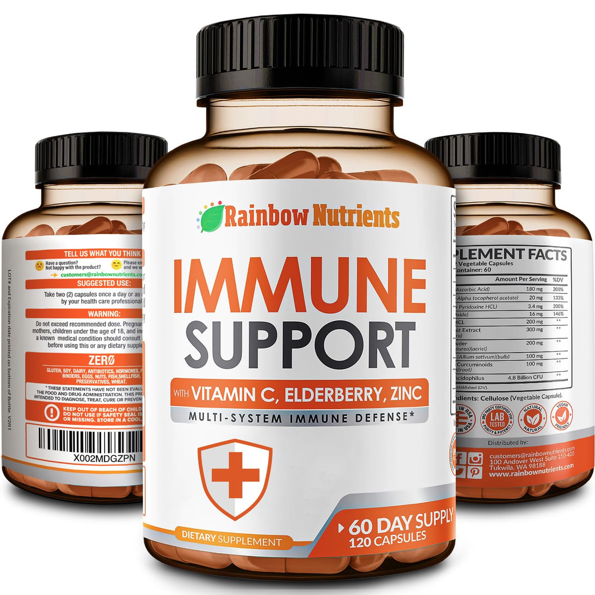 Rainbow Nutrients frasco frontal mostrando etiqueta y beneficio de soporte inmune