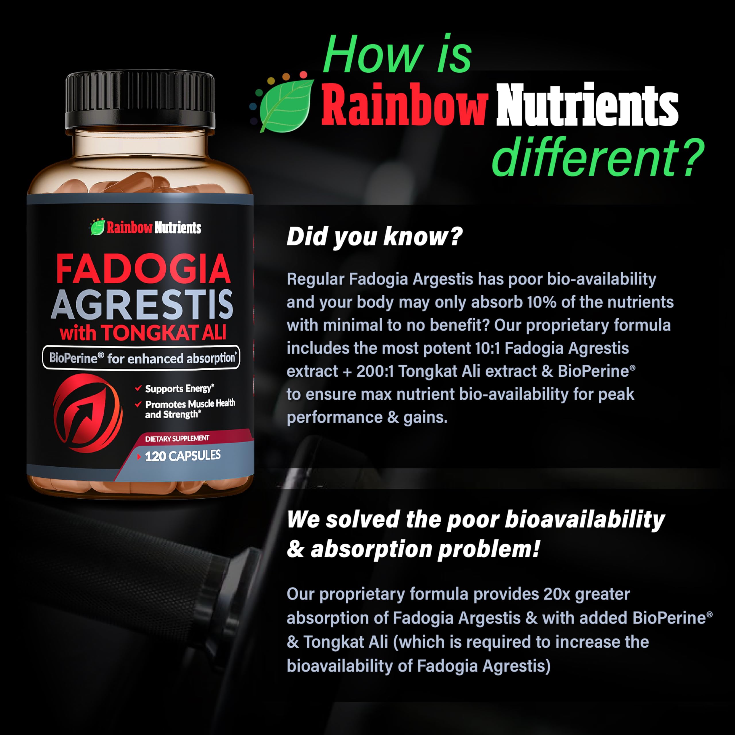Rainbow Nutrients ingredientes Fadogia Agrestis y Tongkat Ali en primer plano