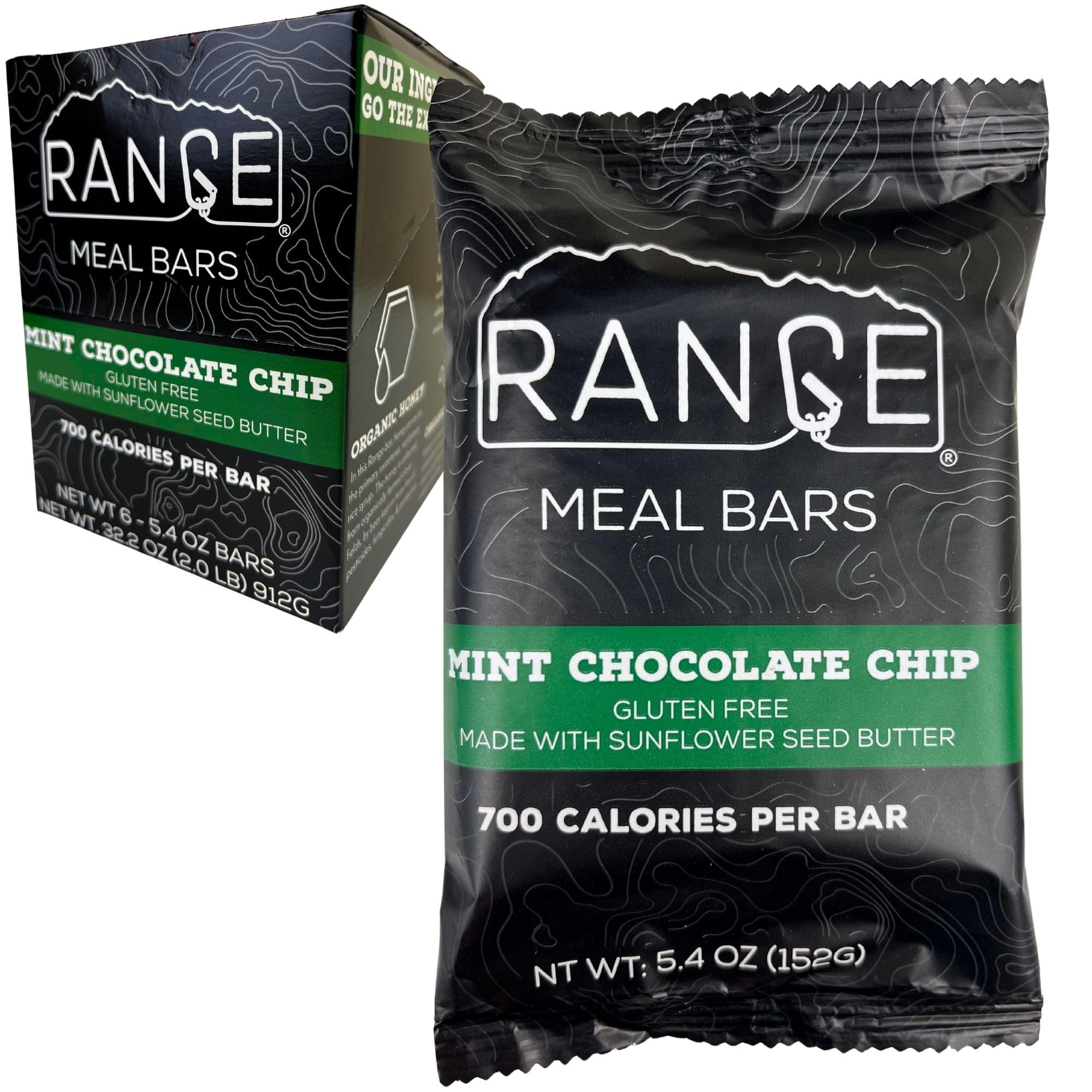 Range barra empaque frontal mint chocolate chip, presenta 700 kcal por unidad