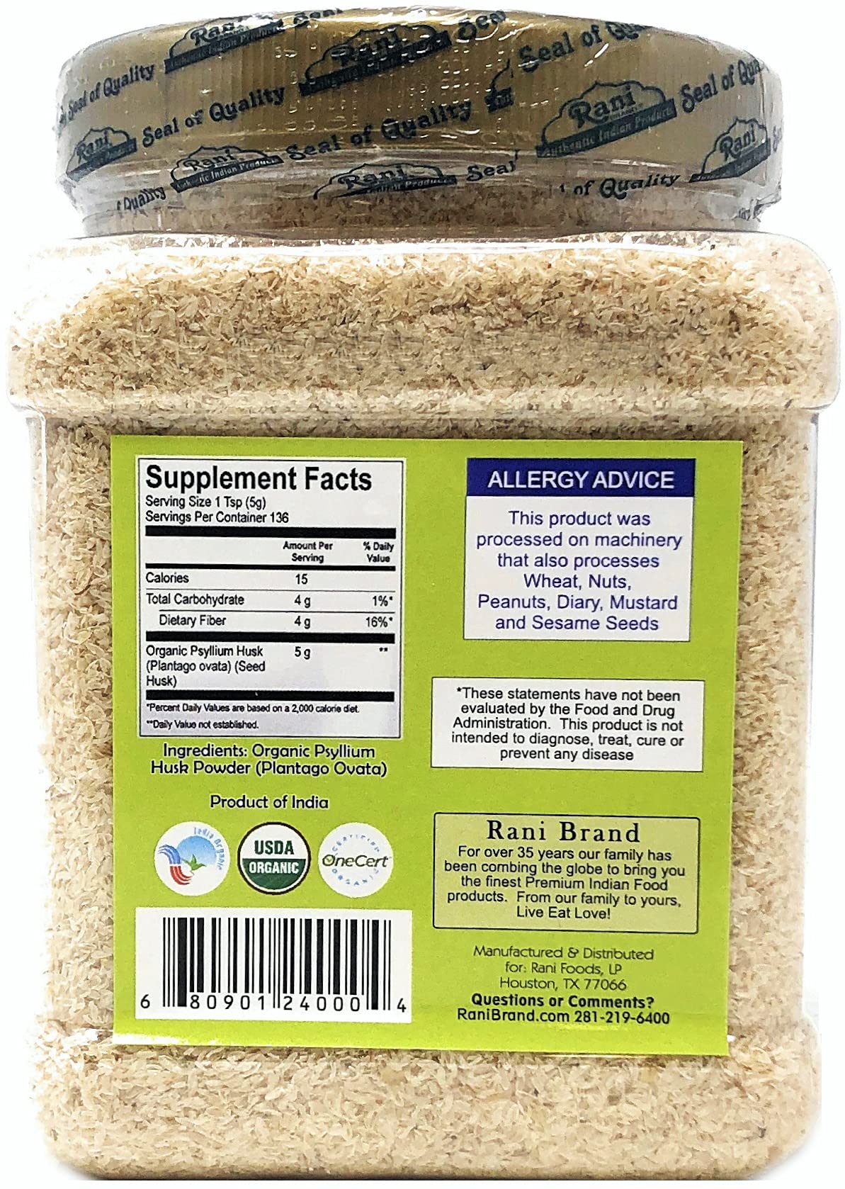 Rani Organics gel de psyllium en vaso listo para beber, facilita la mezcla