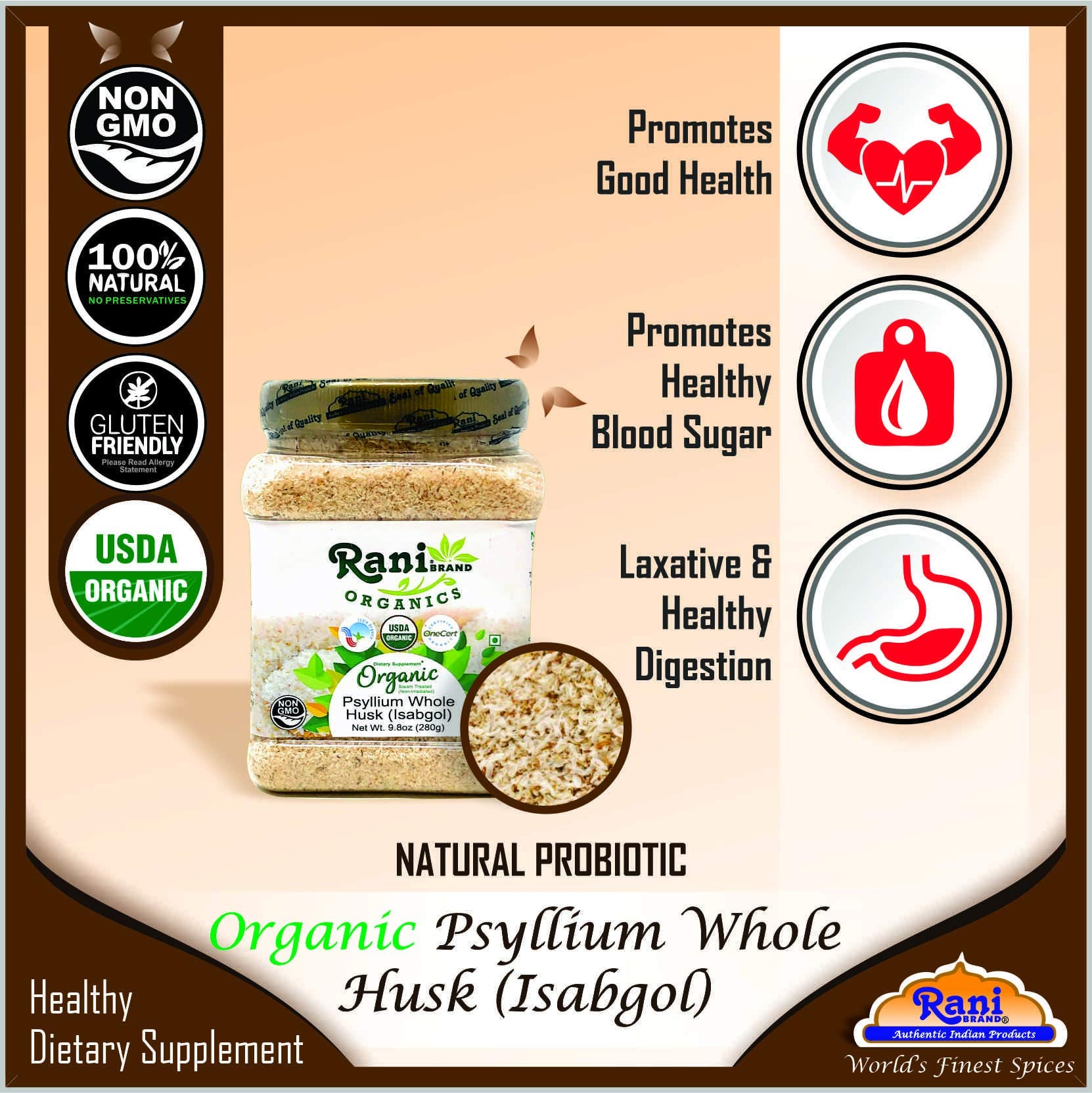 Rani Organics primer plano del polvo de psyllium mostrando su textura suelta