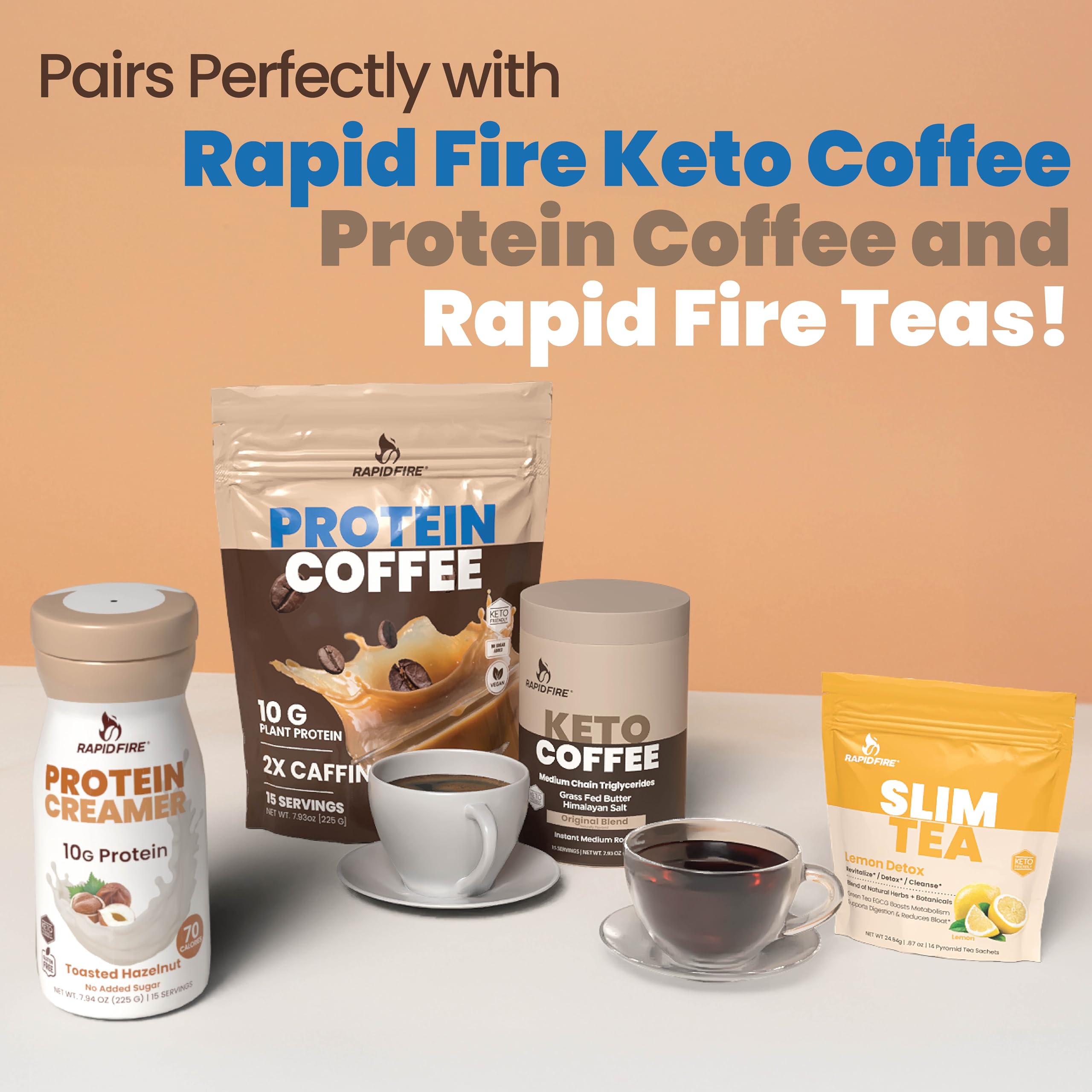 Rapid Fire frasco junto a taza para comparar tamaño y porciones, portátil y compacto