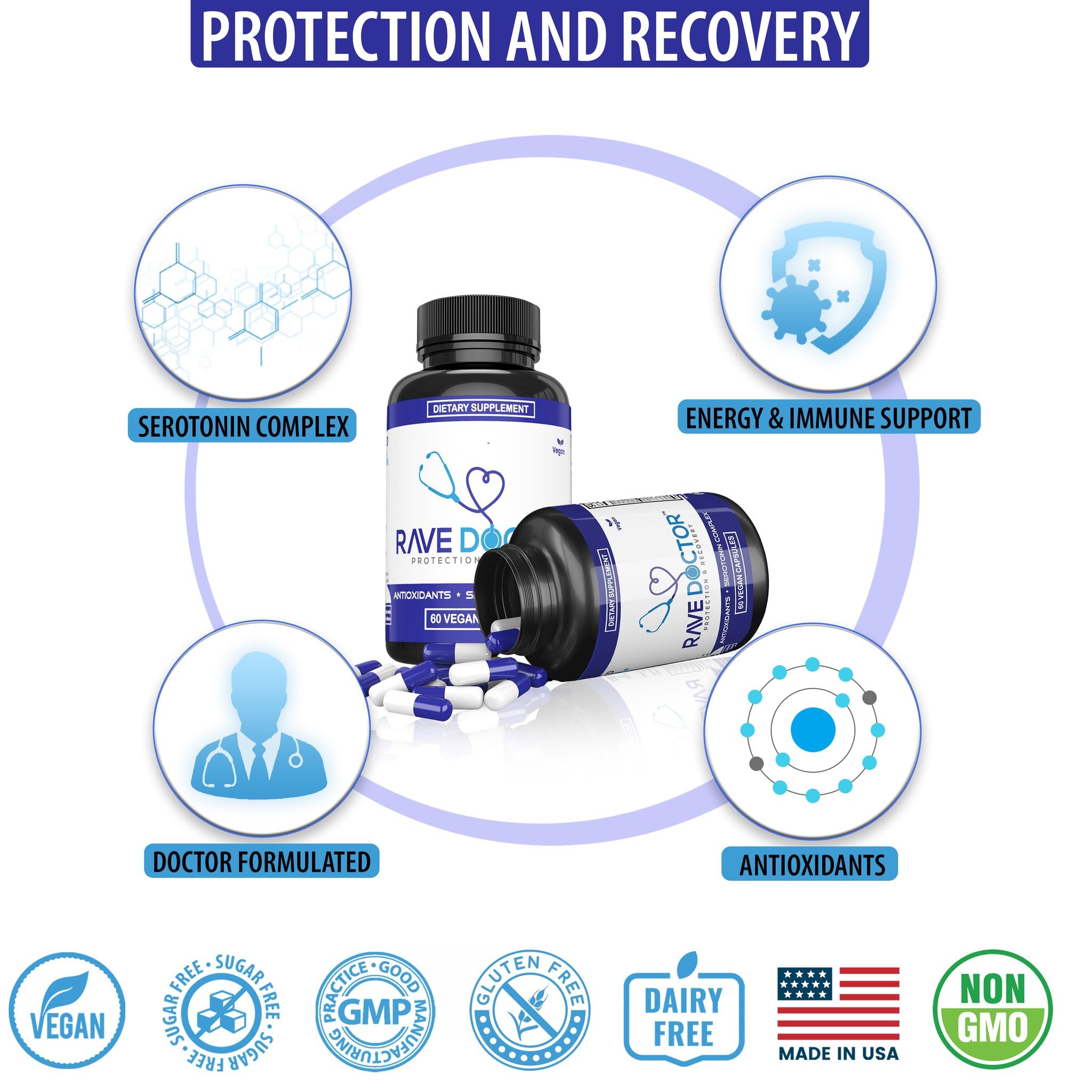 Rave Doctor etiqueta con lista de ingredientes y beneficios claros