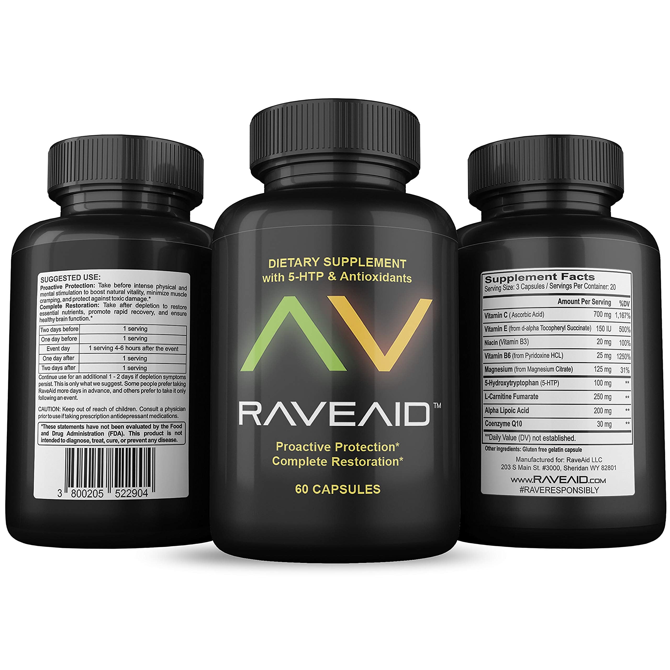 RaveAid frontal del envase mostrando diseño y beneficio de recuperación rápida