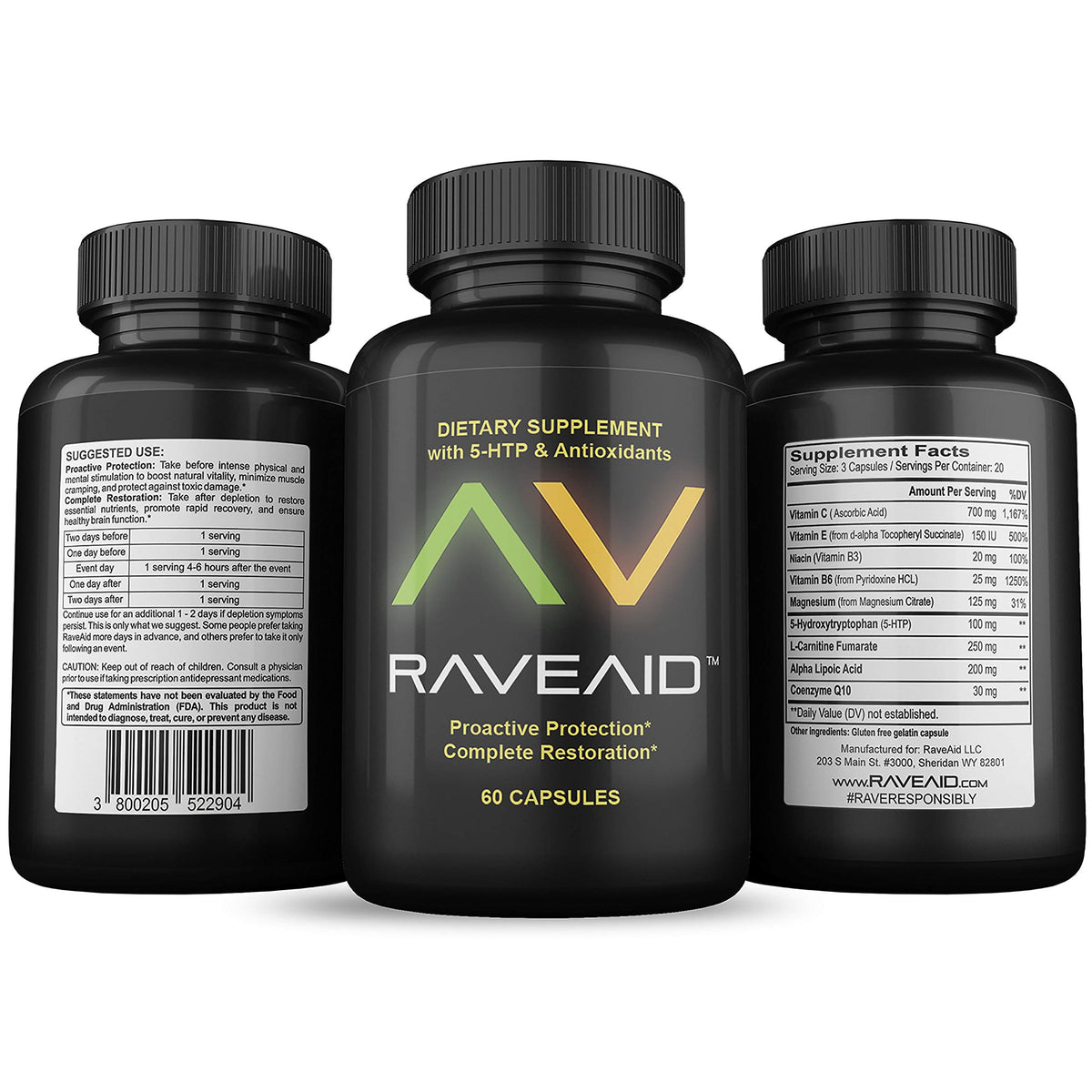 RaveAid frontal del envase mostrando diseño y beneficio de recuperación rápida