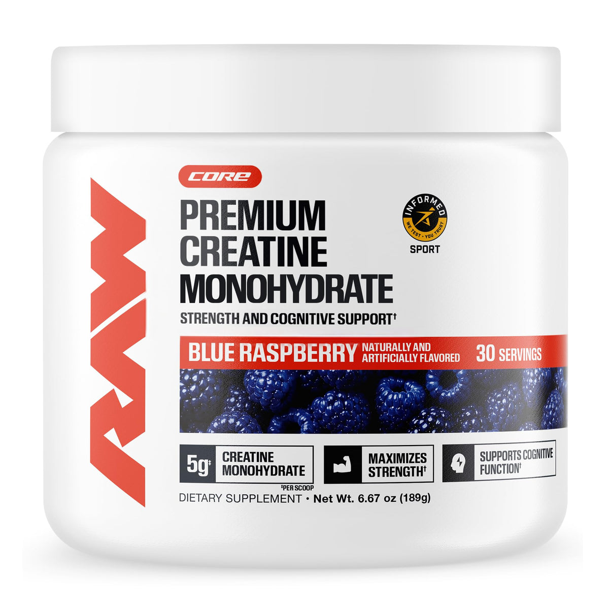 RAW creatina envase frontal mostrando marca y sabor frambuesa azul, calidad garantizada