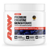 RAW creatina envase frontal mostrando marca y sabor frambuesa azul, calidad garantizada