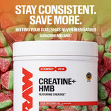 RAW ingredientes activos (creatina, HMB y taurina) en foco, formulación respaldada