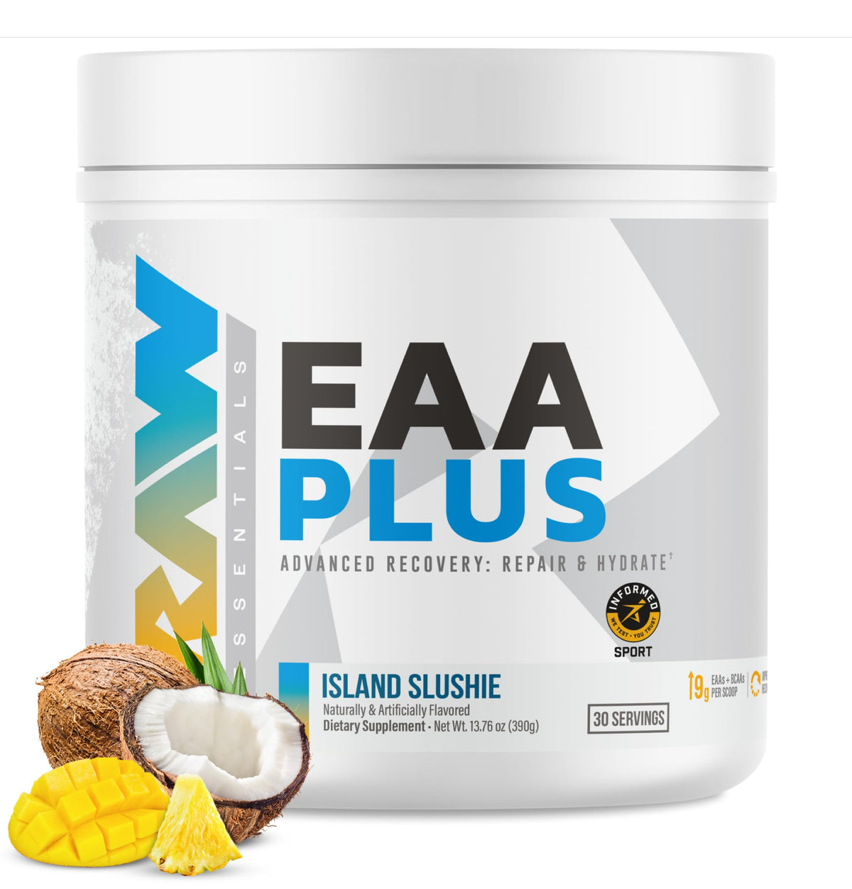 RAW envase frontal del EAA Plus con sabor Island Slushie, presentación clara y beneficios