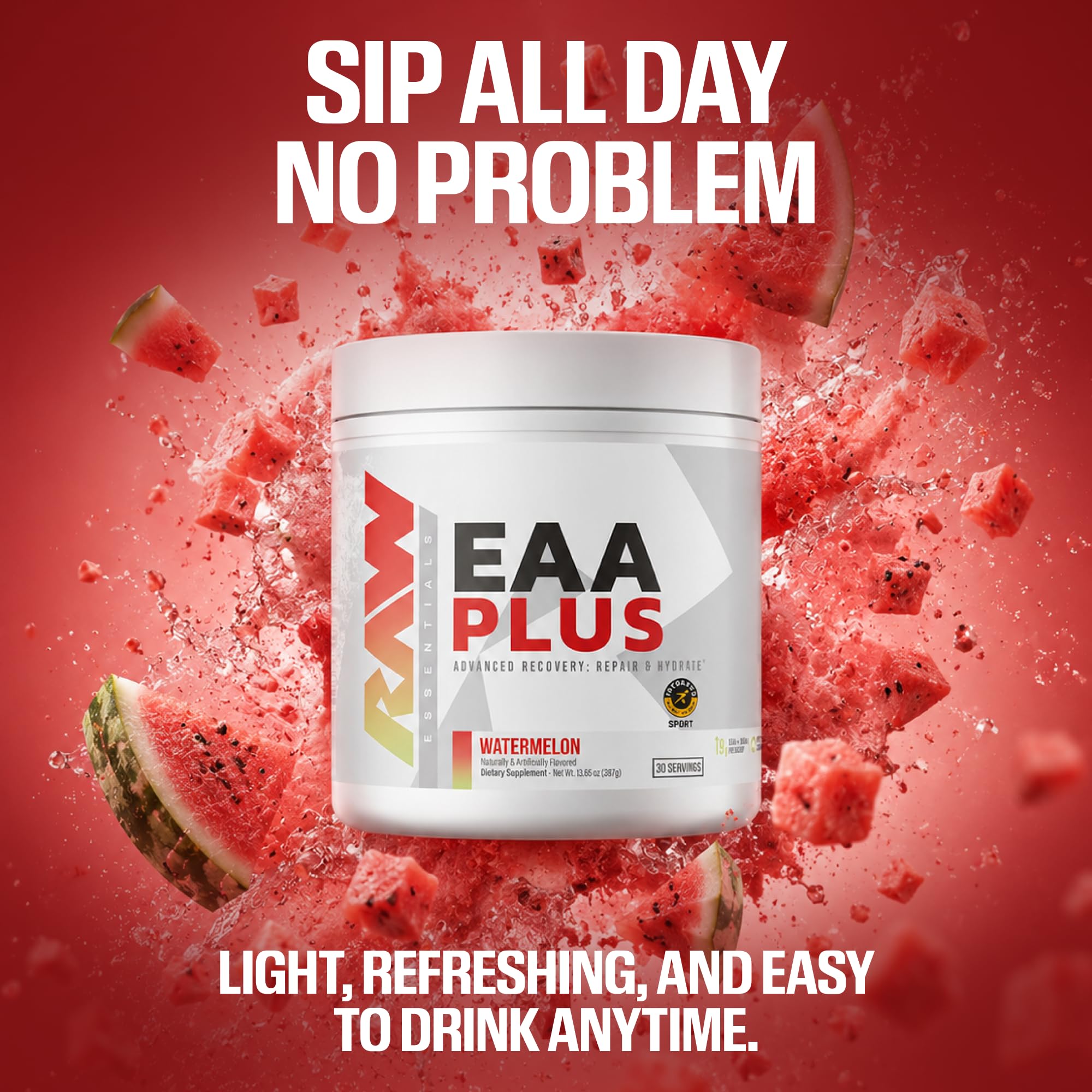 RAW EAA Plus envase al lado de una mano para comparar tamaño y conveniencia