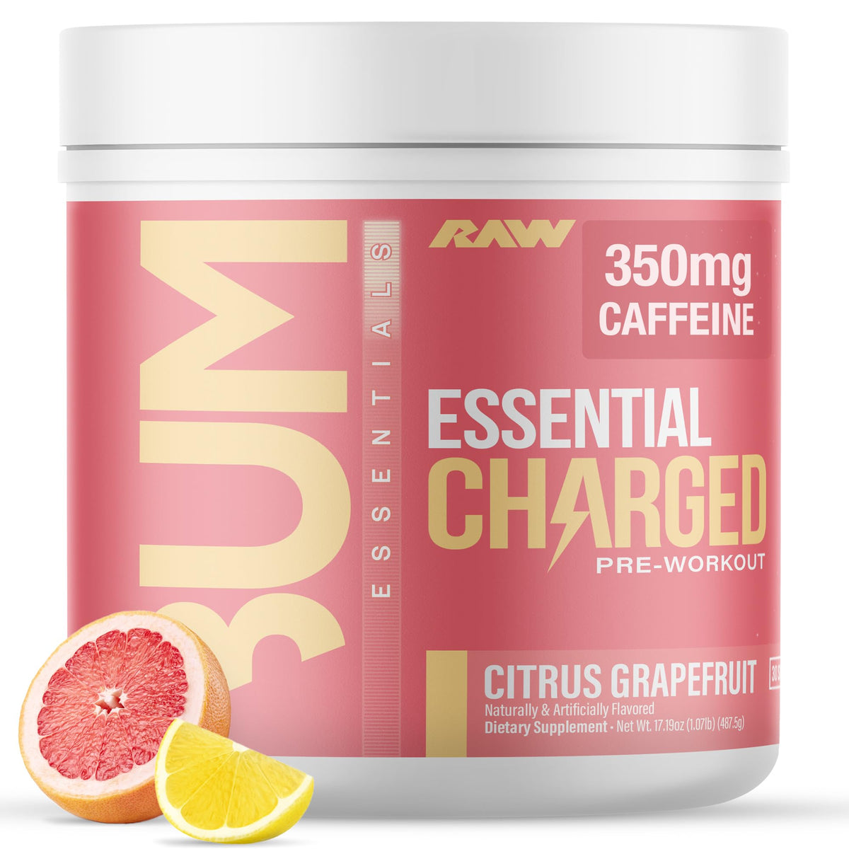 RAW frasco Essential CHARGED frente, identifica sabor pomelo y beneficios energéticos