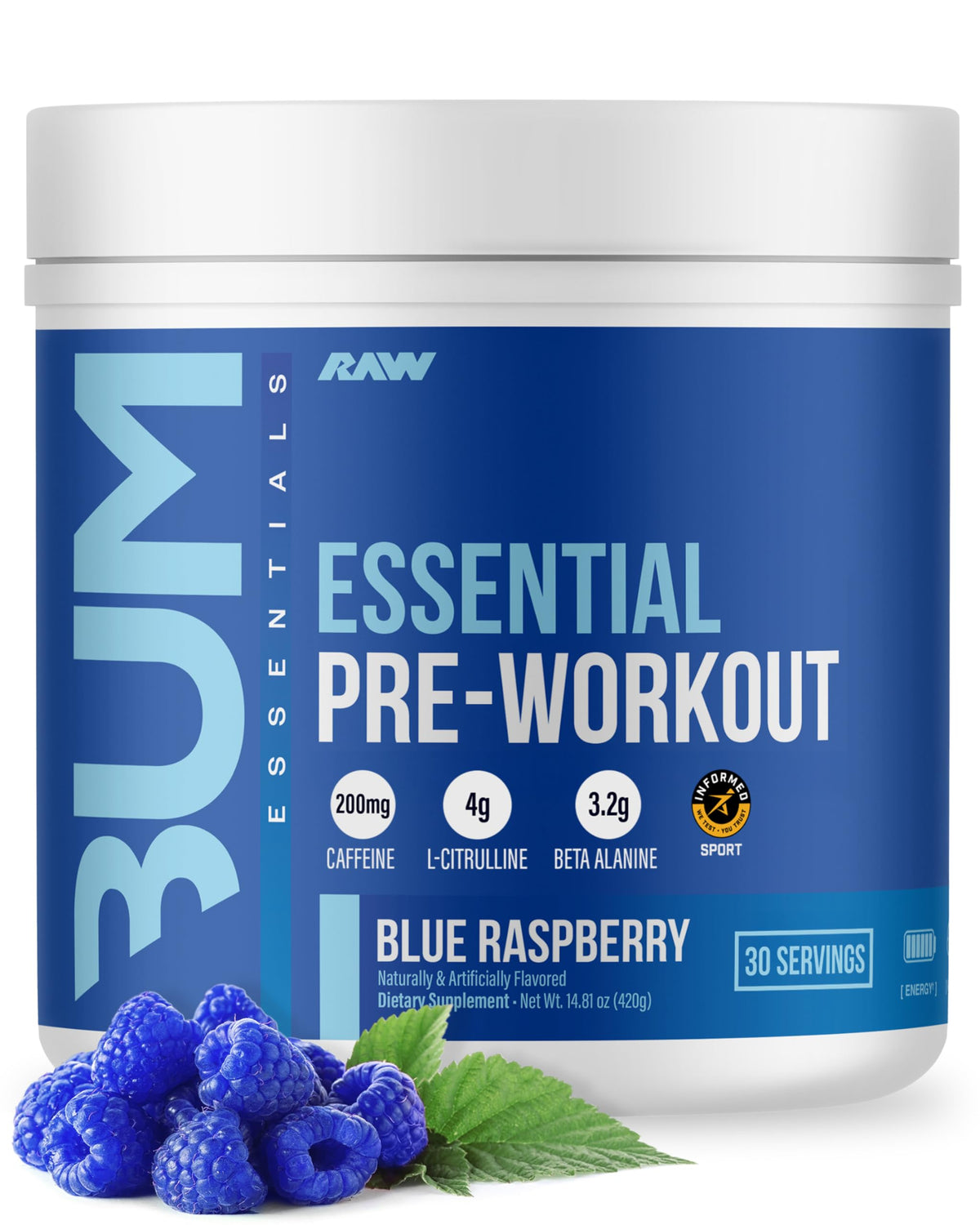 RAW Essential Pre frente del empaque mostrando sabor Blue Raz y beneficios