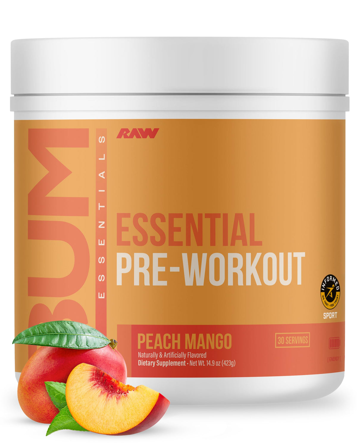 RAW Essential Pre frente del envase mostrando diseño y sabor Peach Mango
