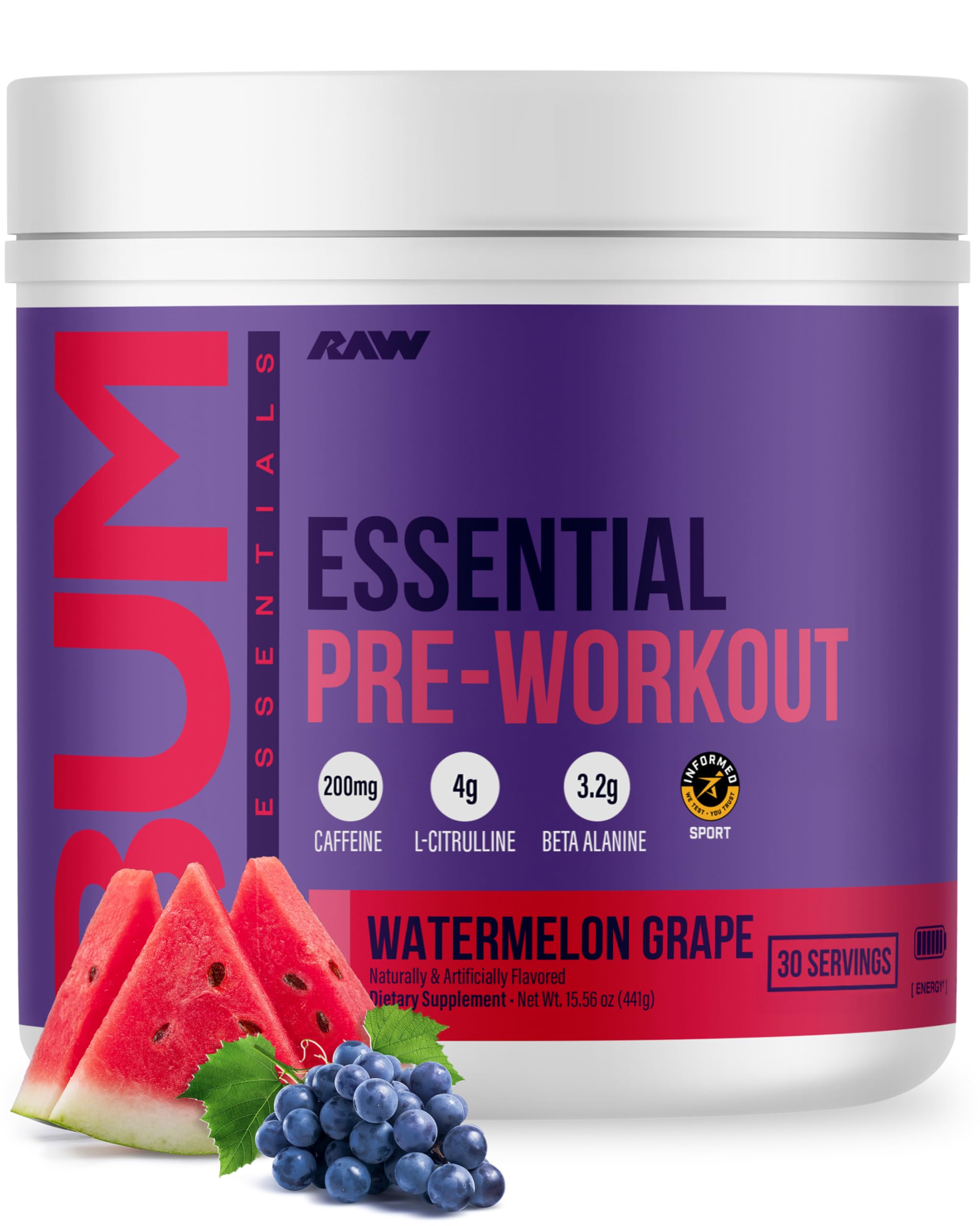 RAW envase frontal del preentreno mostrando marca y sabor, transmite confianza