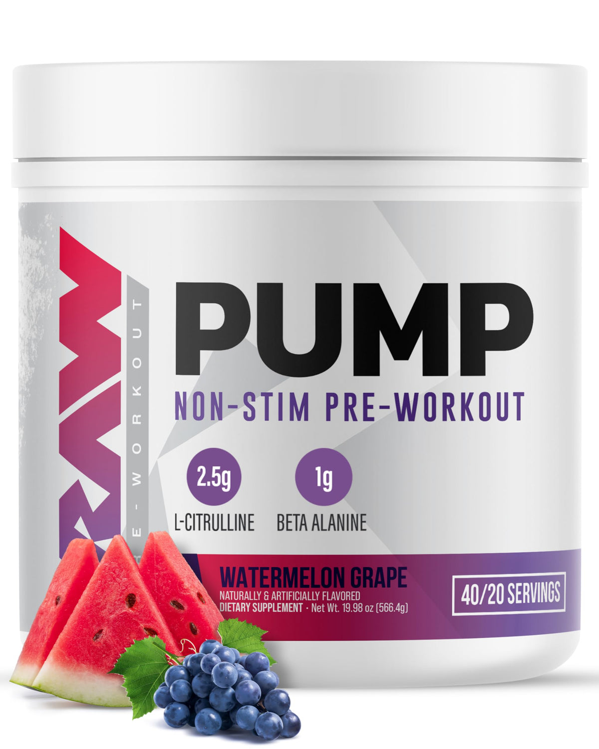 RAW envase frontal mostrando la marca y beneficio de bombeo muscular
