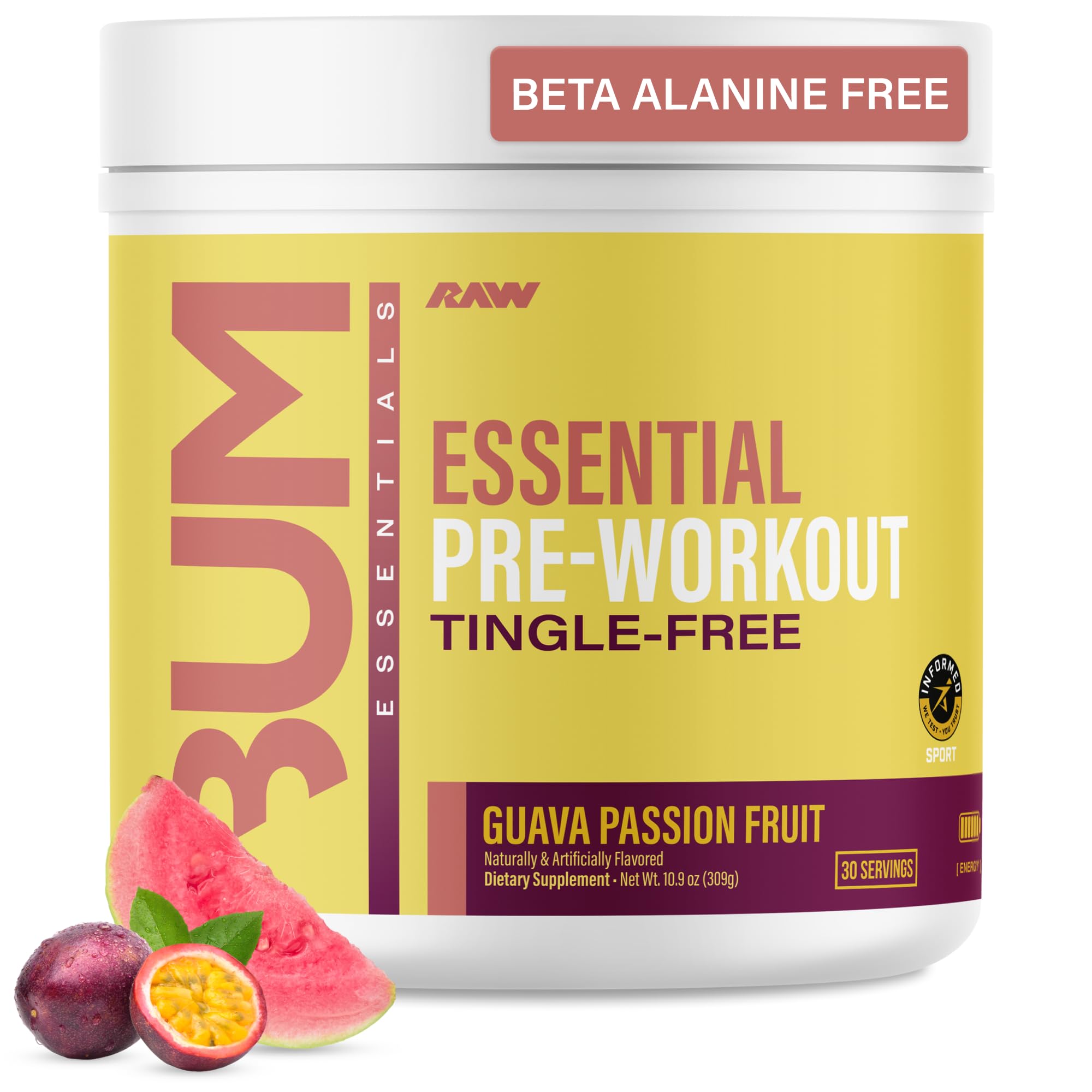 RAW envase frontal guava passion fruit mostrando rótulo y beneficio de energía limpia