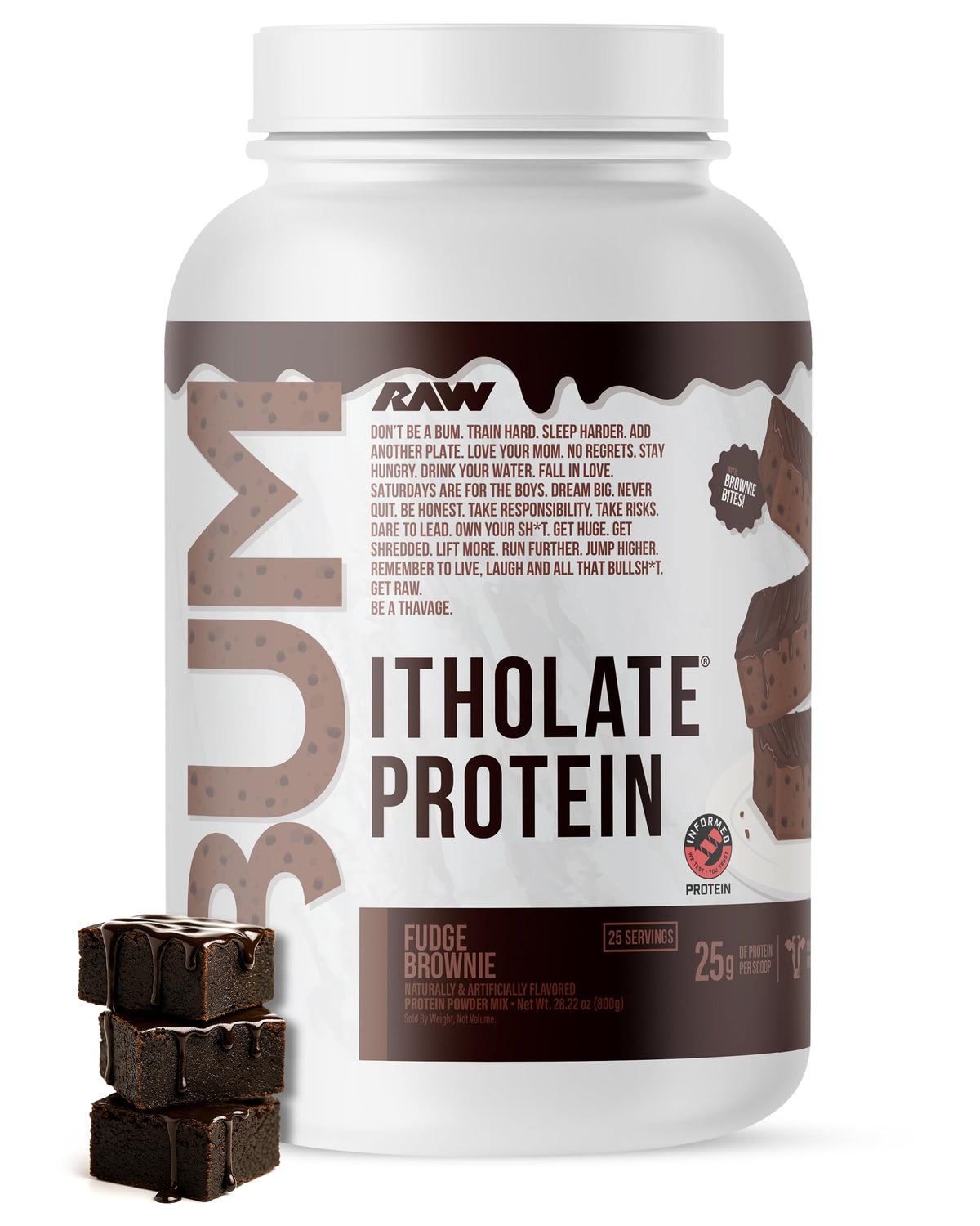 RAW frasco frontal mostrando etiqueta y sabor fudge brownie, claridad en ingredientes