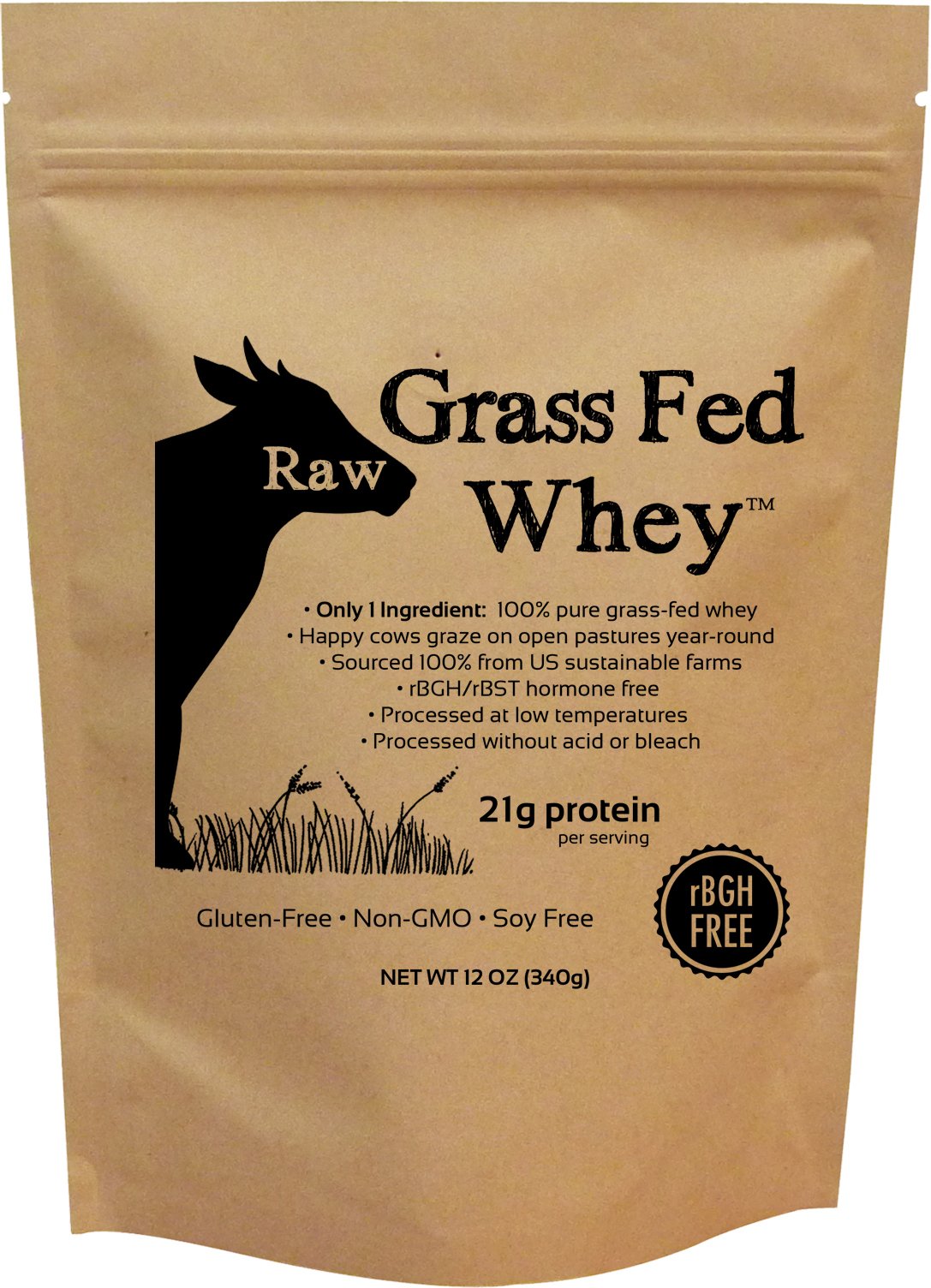 Raw Grass Fed Whey vista frontal del empaque que muestra pureza y tamaño