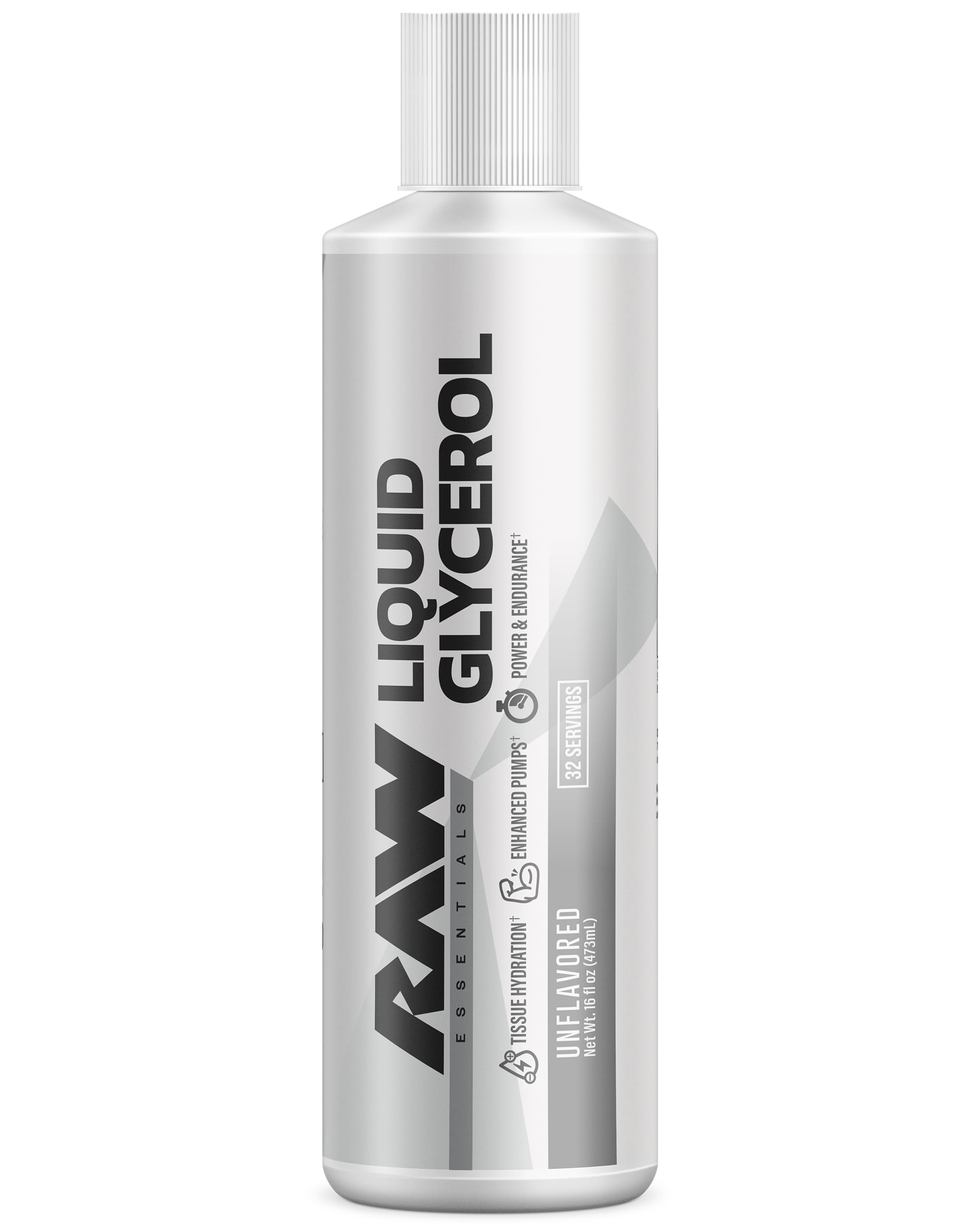 RAW botella frontal del Liquid Glycerol mostrando etiqueta y porciones beneficiarias