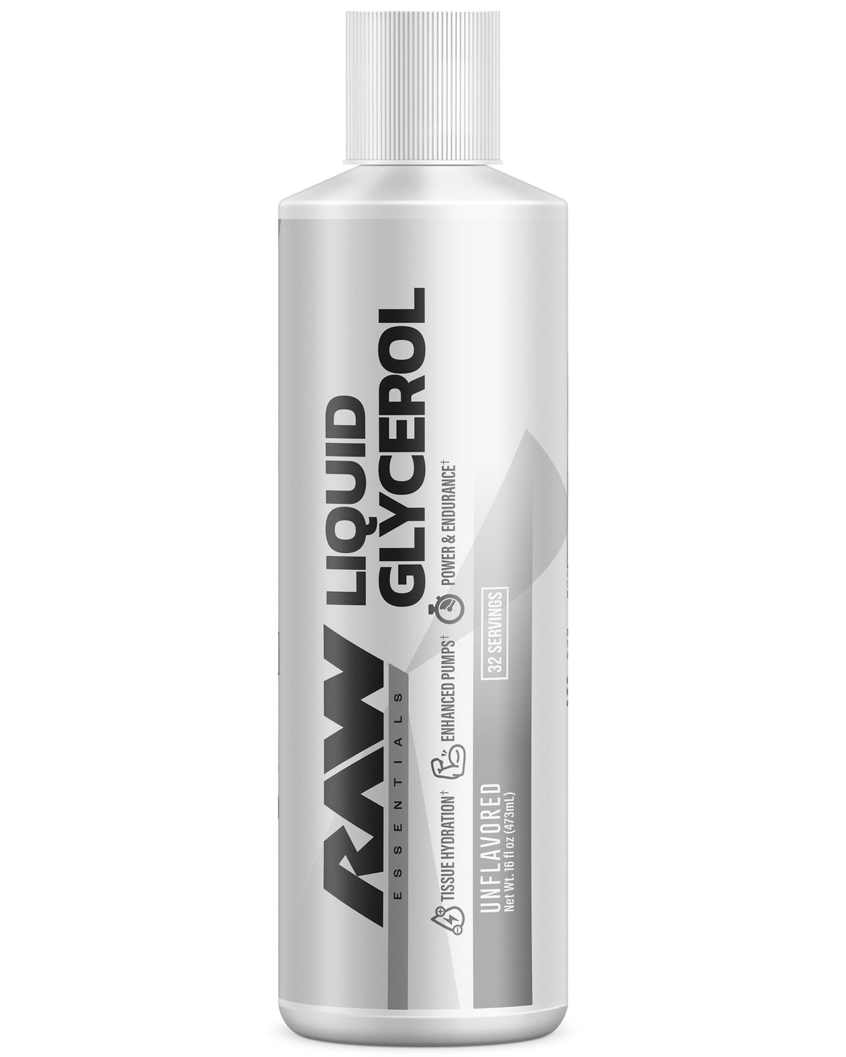 RAW botella frontal del Liquid Glycerol mostrando etiqueta y porciones beneficiarias