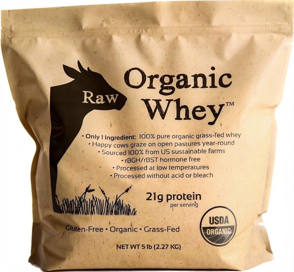 Raw Organic Whey frente del paquete mostrando la marca y pureza