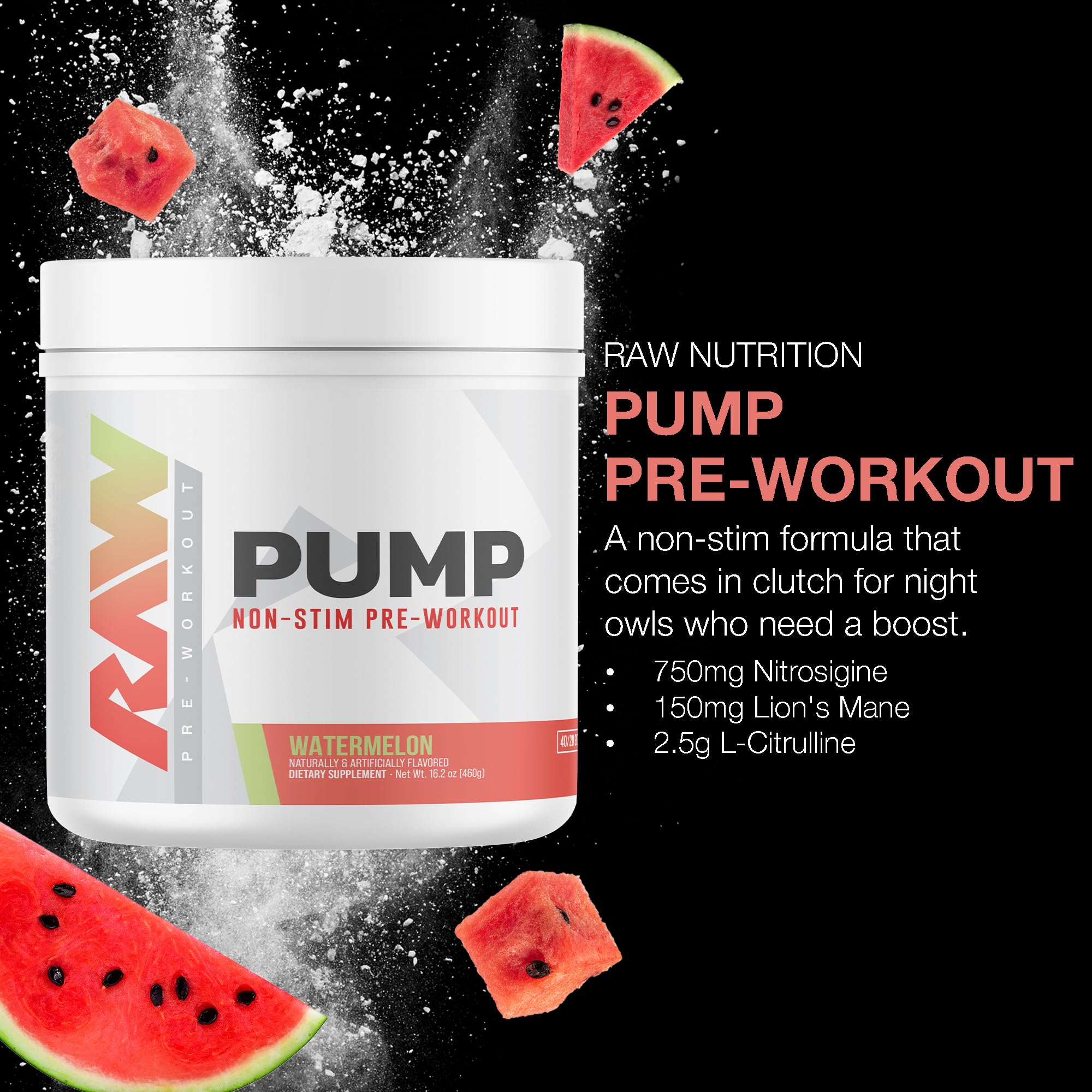 Polvo RAW Pump textura fina y color rosa sandía, fácil de mezclar y con sabor refrescante