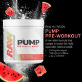 Polvo RAW Pump textura fina y color rosa sandía, fácil de mezclar y con sabor refrescante