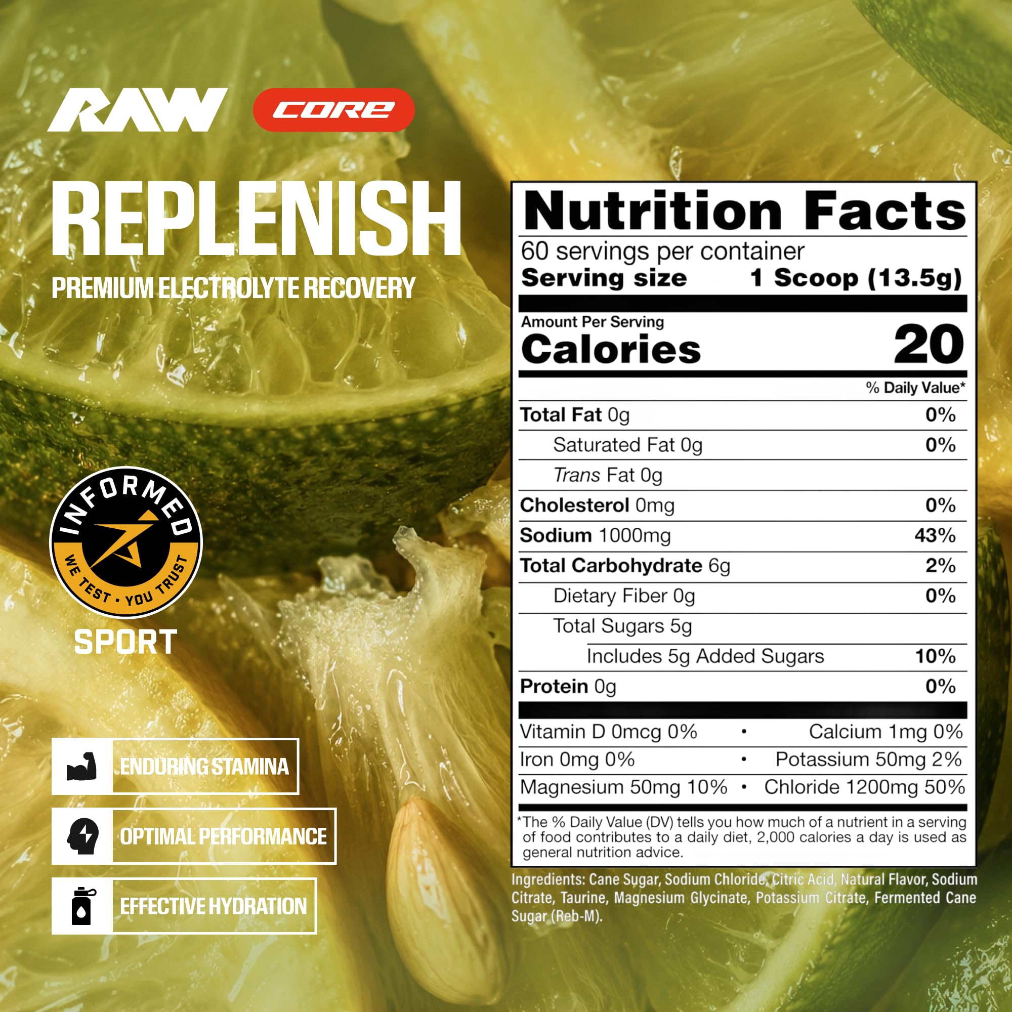 RAW Replenish polvo textura cercana que ilustra solubilidad y sabor natural