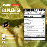RAW Replenish polvo textura cercana que ilustra solubilidad y sabor natural