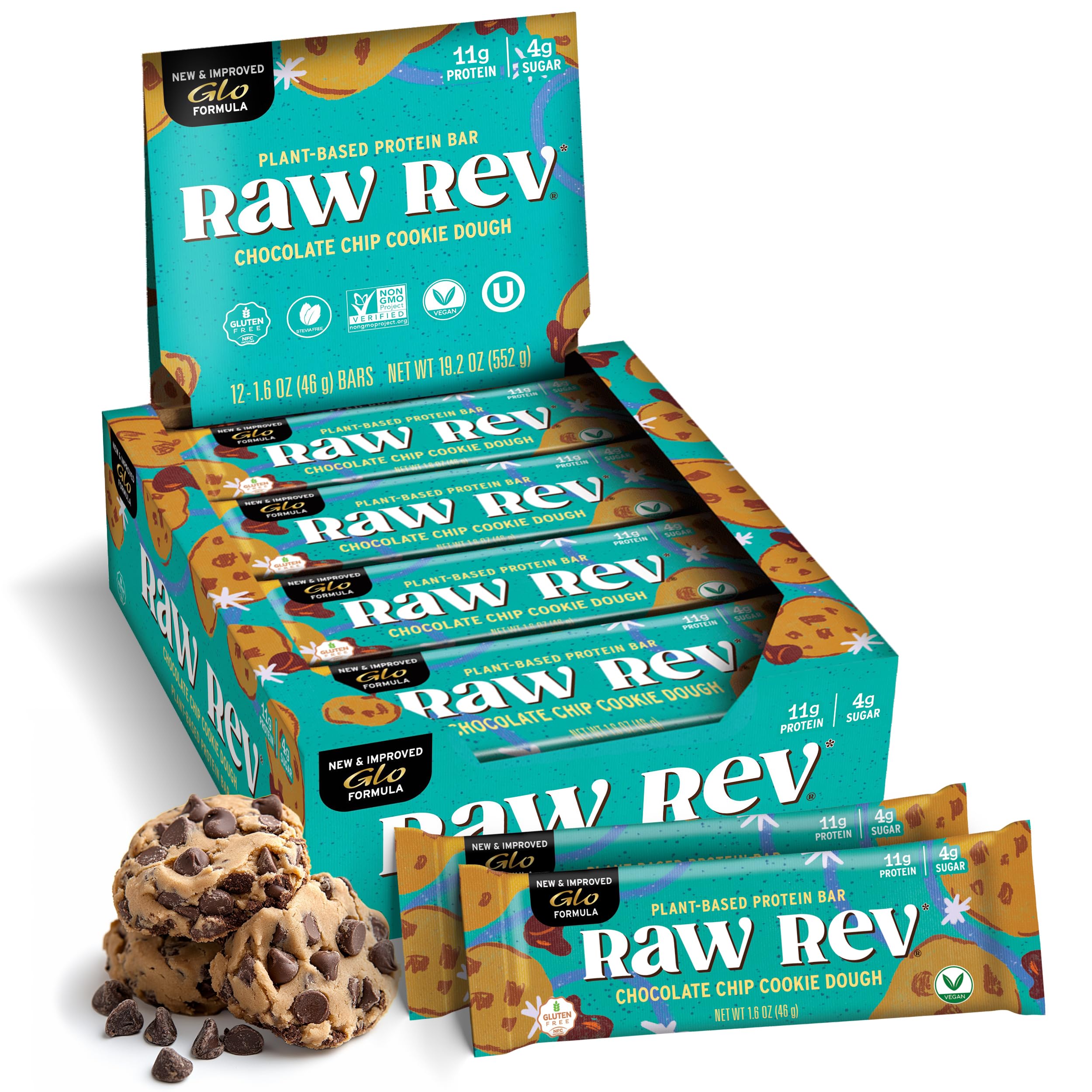 Raw Rev Glo frente del empaque mostrando sabor y beneficios