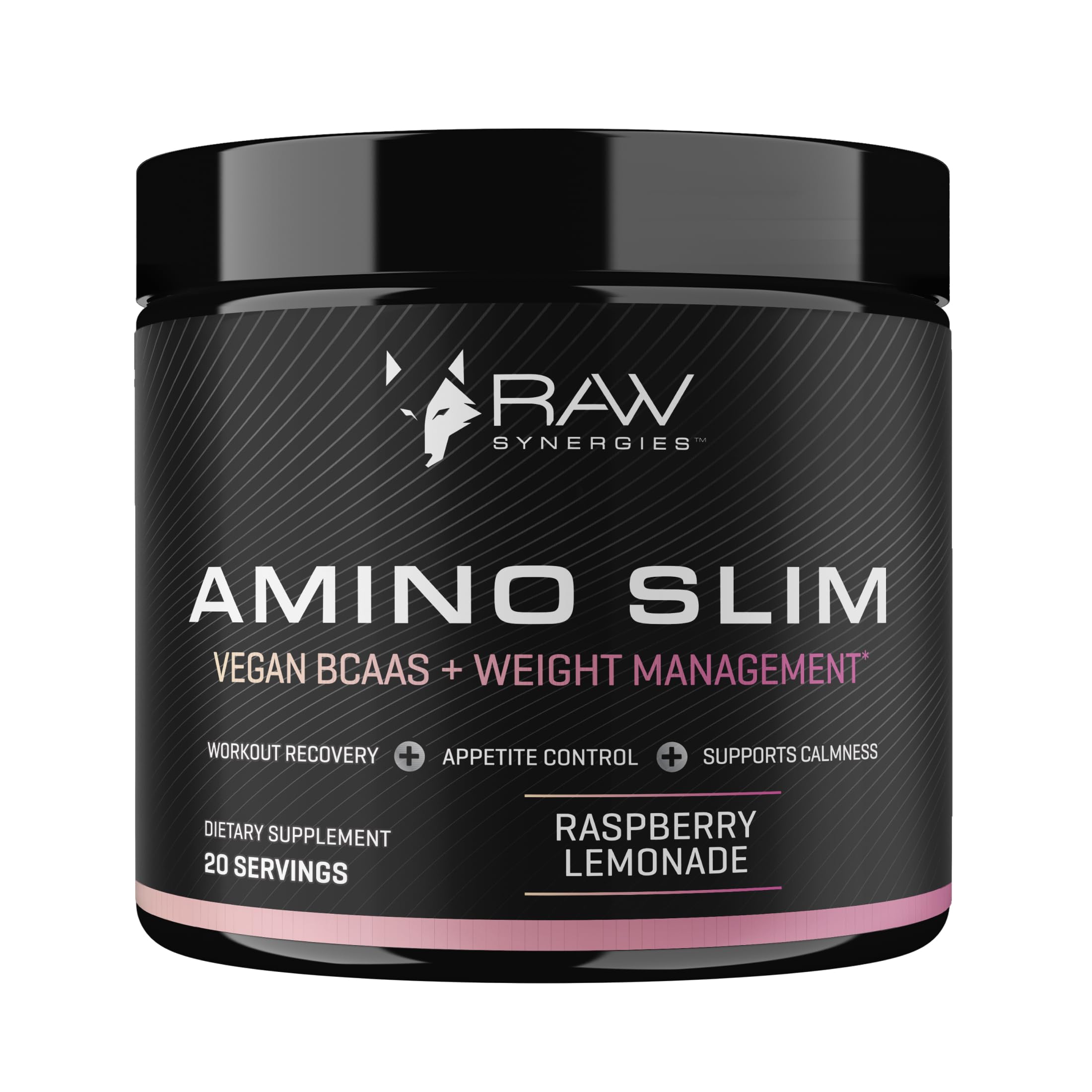 RAW Synergies envase frontal de Amino Slim que muestra diseño y sabor