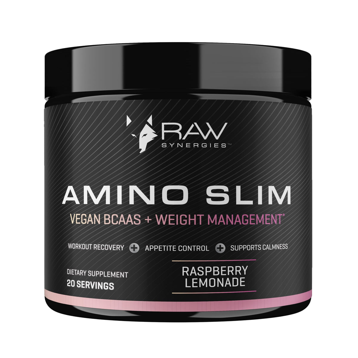 RAW Synergies envase frontal de Amino Slim que muestra diseño y sabor