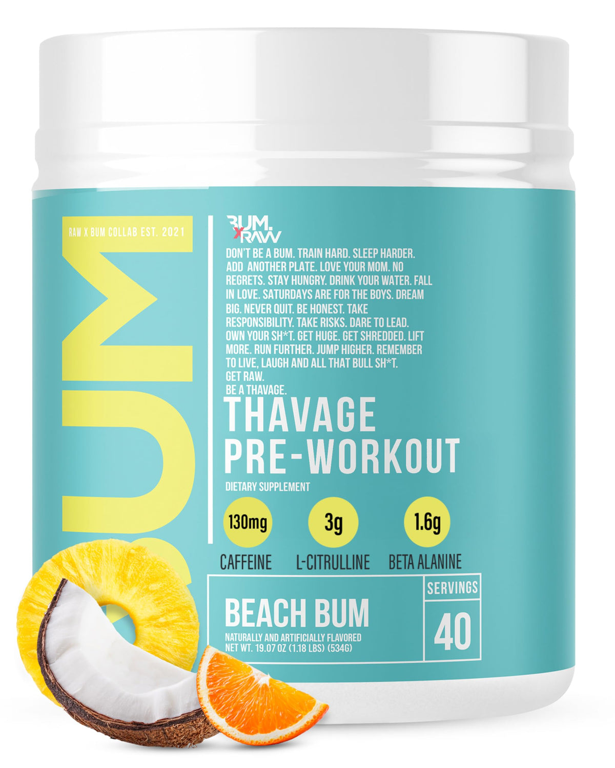 RAW Thavage vista frontal del envase con sabor Beach Bum y atractivo visual