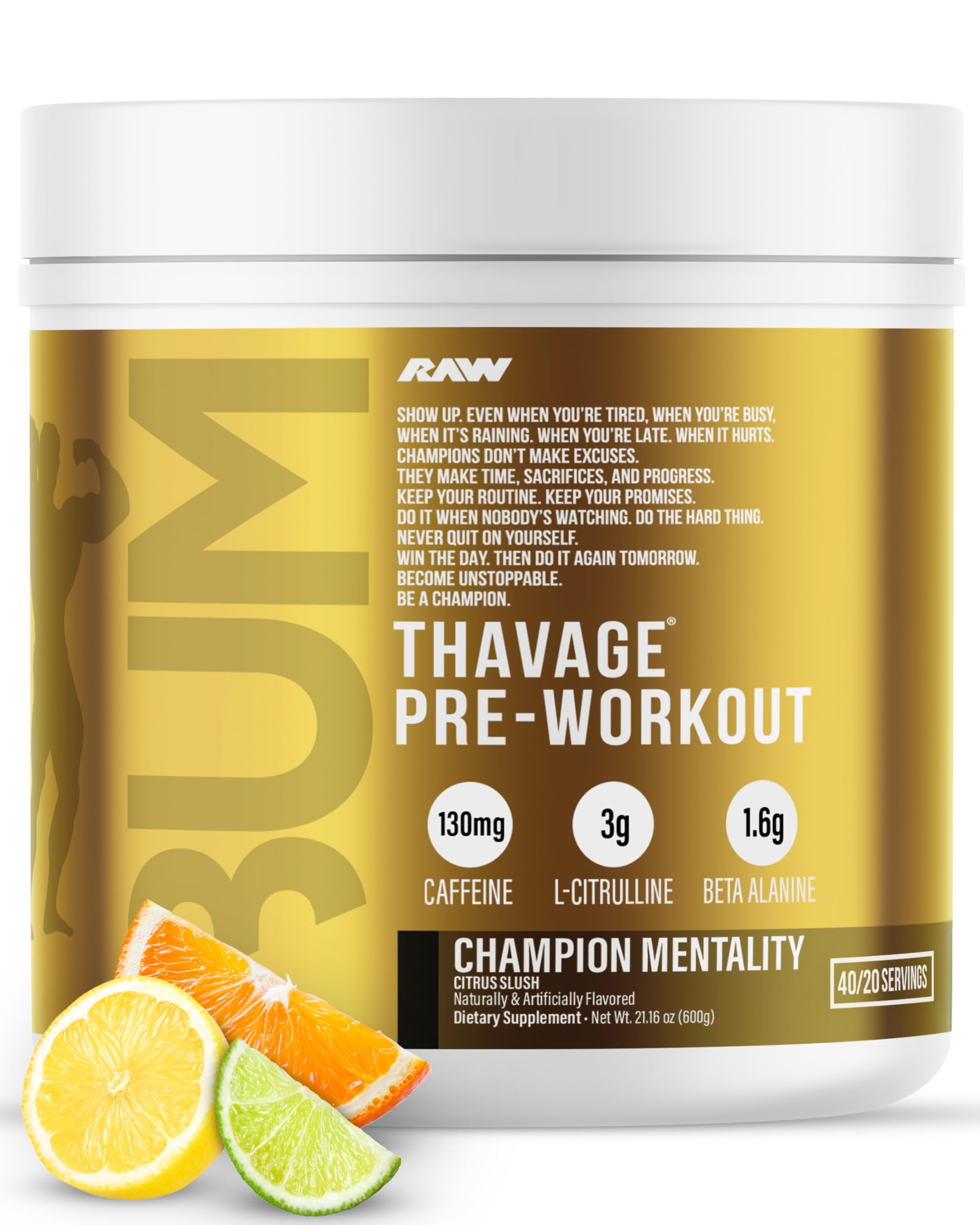 RAW Thavage envase frontal mostrando la marca y sabor Champion Mentality, útil para identificar producto