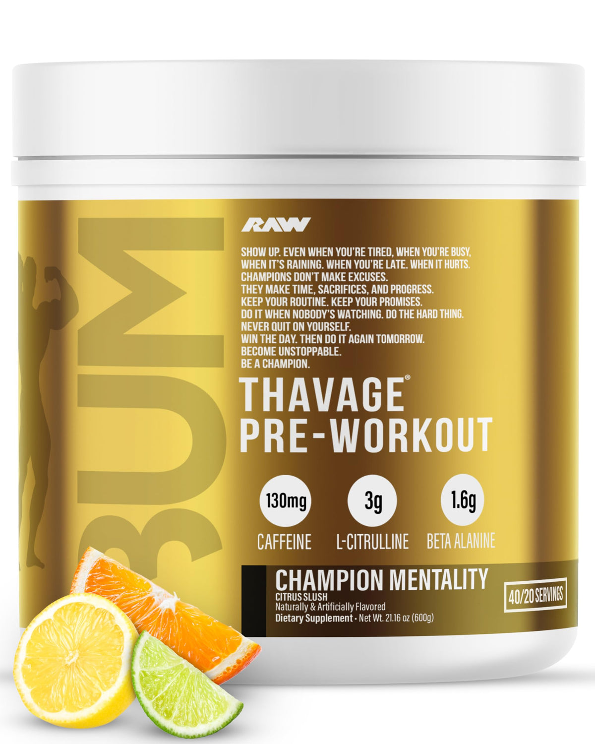 RAW Thavage envase frontal mostrando la marca y sabor Champion Mentality, útil para identificar producto