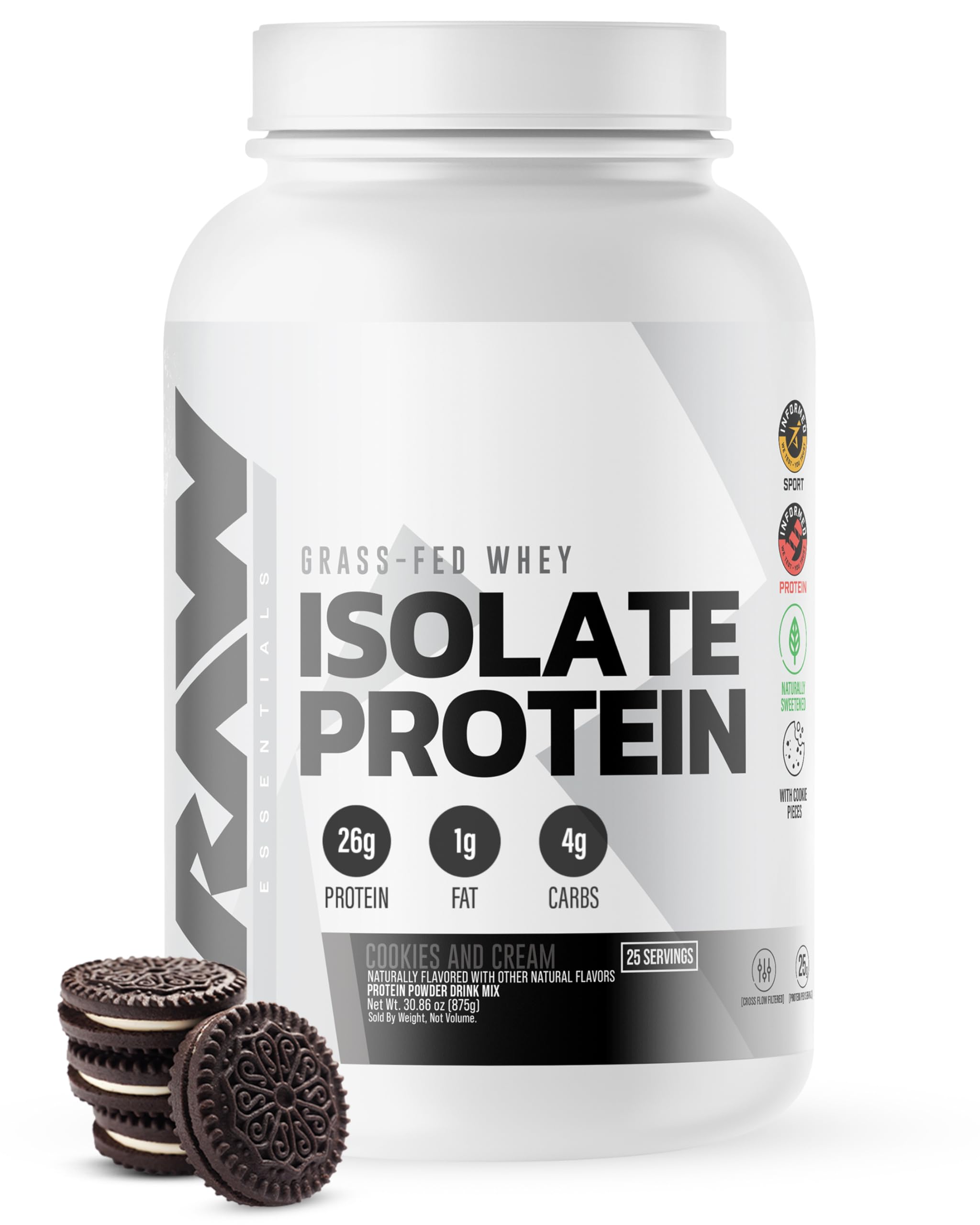 RAW envase frontal Cookies N Cream mostrando diseño y beneficios