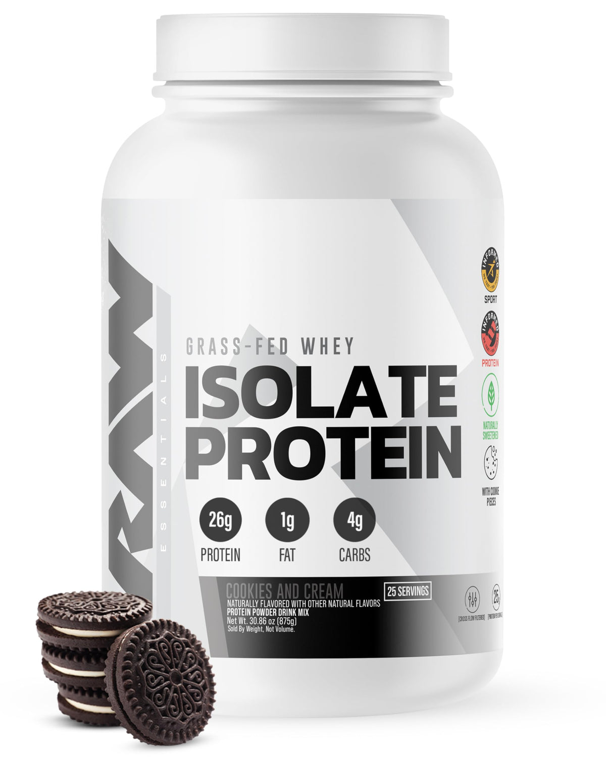 RAW envase frontal Cookies N Cream mostrando diseño y beneficios