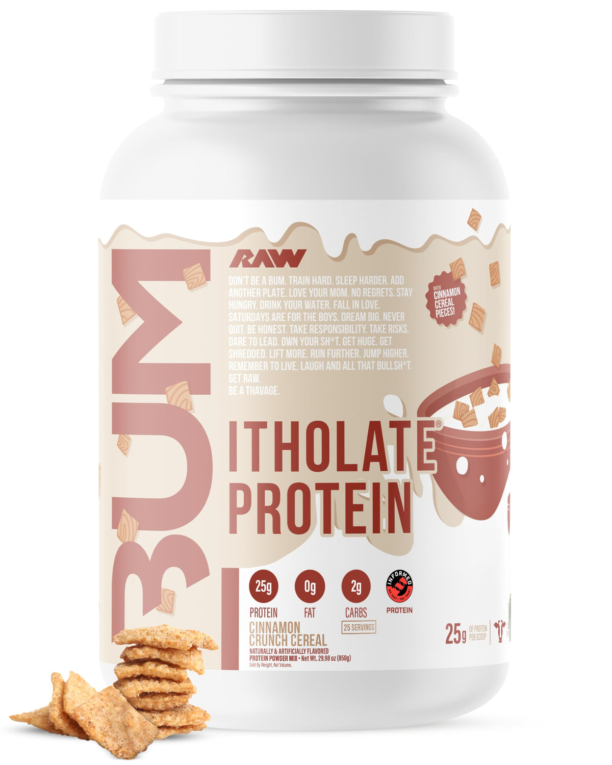 RAW frasco frontal del empaque mostrando sabor Cinnamon Crunch y beneficios