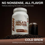 RAW Whey Isolate batido servido, demostrando sabor Cold Brew y energía