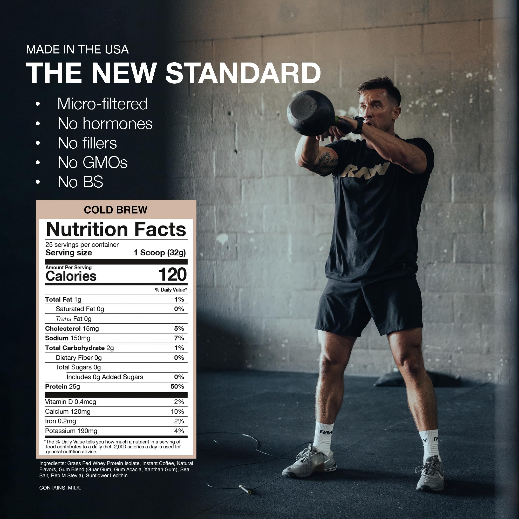 RAW Whey Isolate etiqueta nutricional con beneficios y ingredientes visibles
