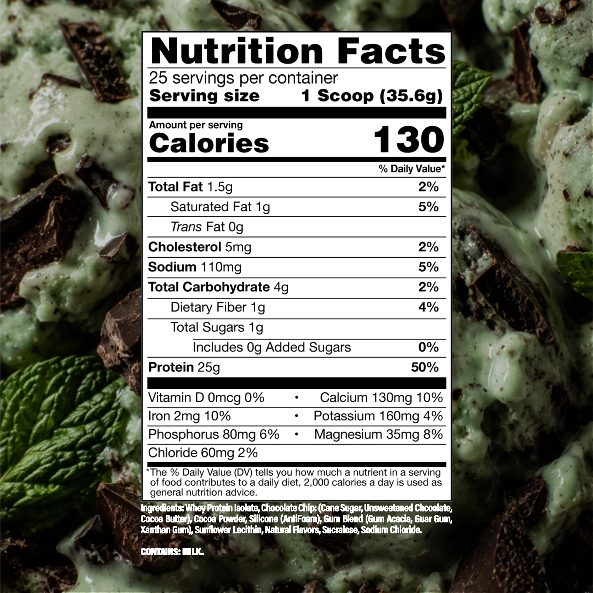 RAW etiqueta nutricional con información de 25 g de proteína por servicio