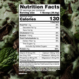 RAW etiqueta nutricional con información de 25 g de proteína por servicio