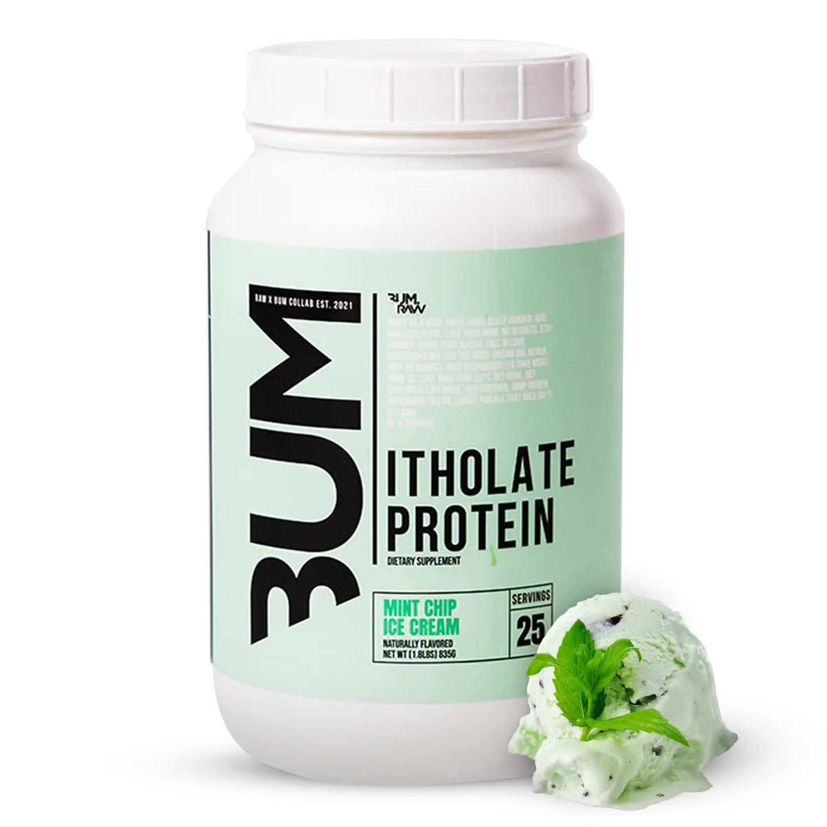 RAW frente del envase mostrando el sabor Mint Chip Ice Cream y beneficios claros