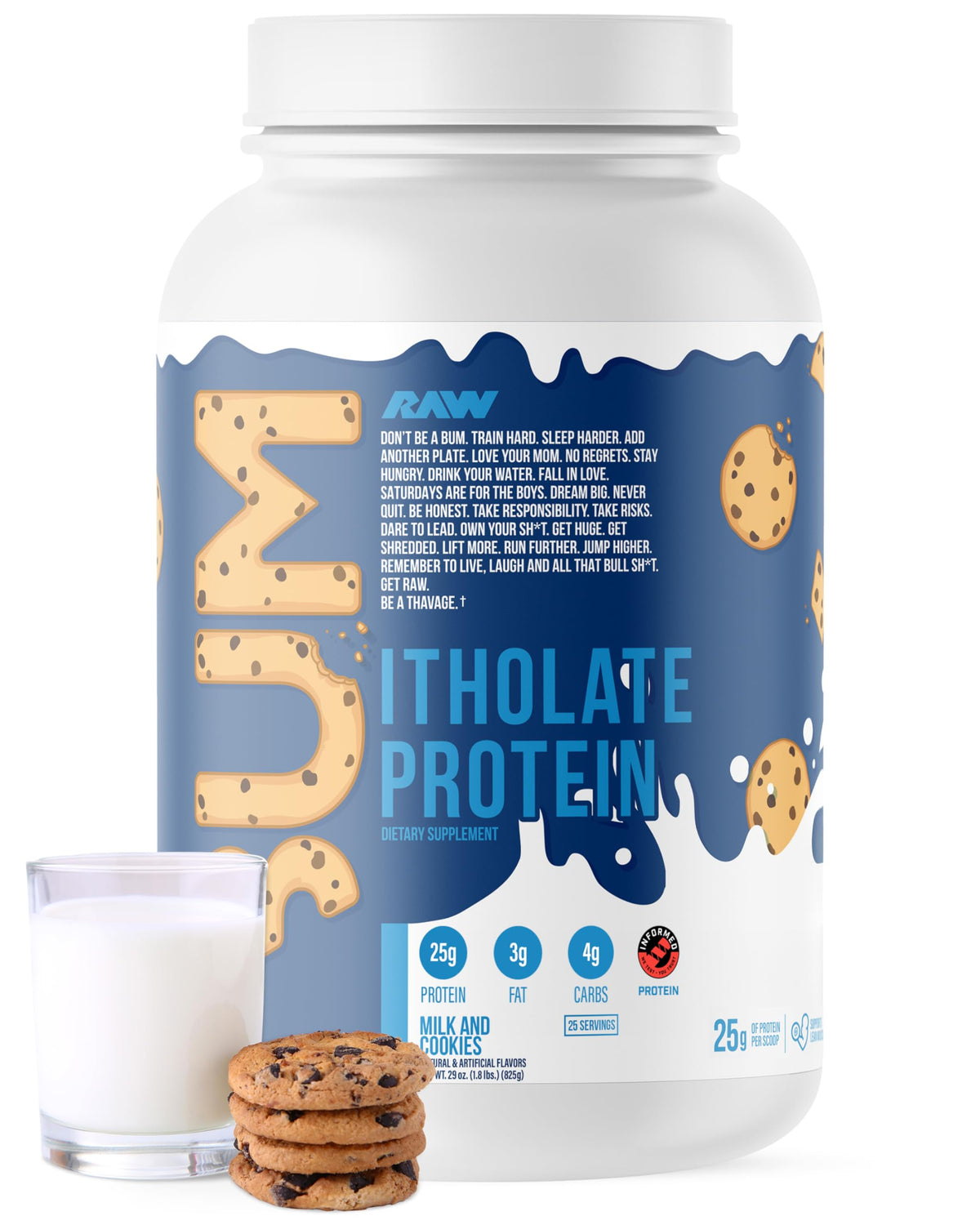 RAW Whey Isolate frente del envase mostrando diseño y sabor Milk & Cookie